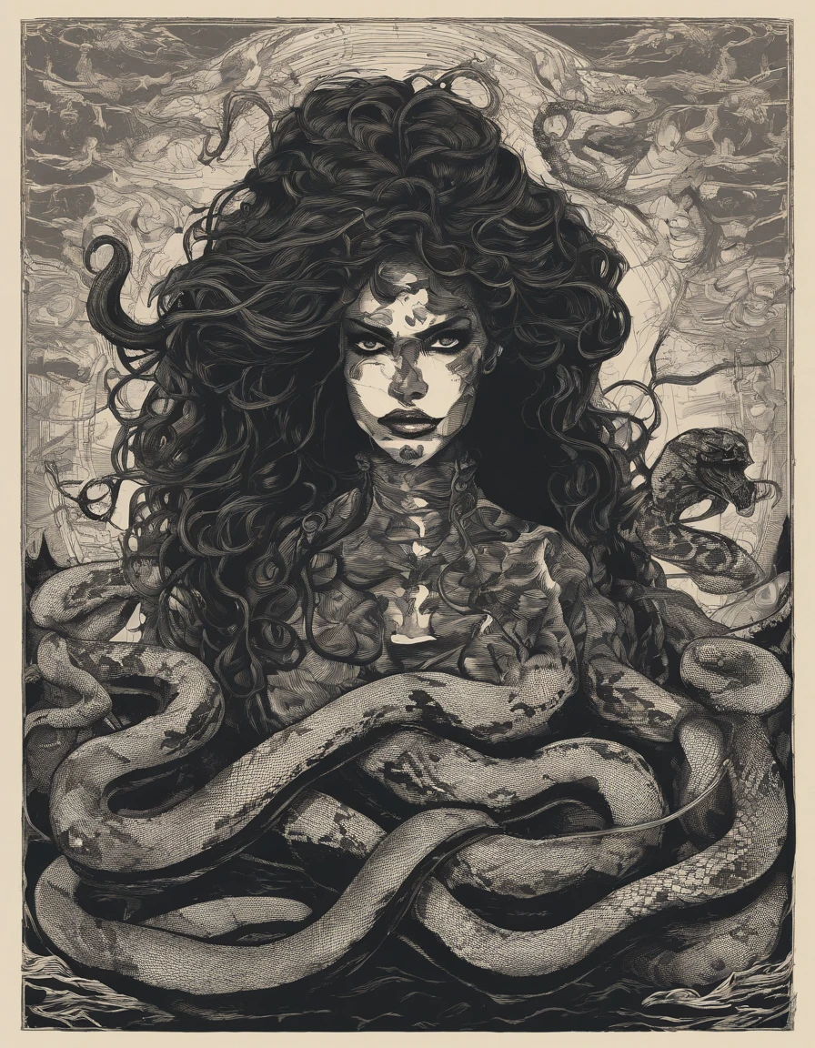 Medusa, hand drawn ink on paper illustration, vintage 2d line art, double exposure, optical illusion, snake skin dress, (face, ornate black metal corpse paint, resembles Grace Jones), (art style "Sean Gordon Murphy" comic drawing, splash panel), body drawn in Frederic Delavier musculature anatomical illustration art style, snake-haired, candid, (horror, abstract, surreal, body, cosmic), (lamia, gorgon, snake woman hybrid, human upper-body, snake tail lower-body), (background, pine barrens, entropy, rewilding, magic hour nautical twilight), (snake-haired head covered in snakes, resemble pantera great southern trendkill), silhouette, full length portrait, (Naga, snakefolk), (colors, forest green to earth brown, merge bleak muted deep fiery radiant glowing CMYK hues, (art style Gerardo Zaffino charcoal), nyctophobia,