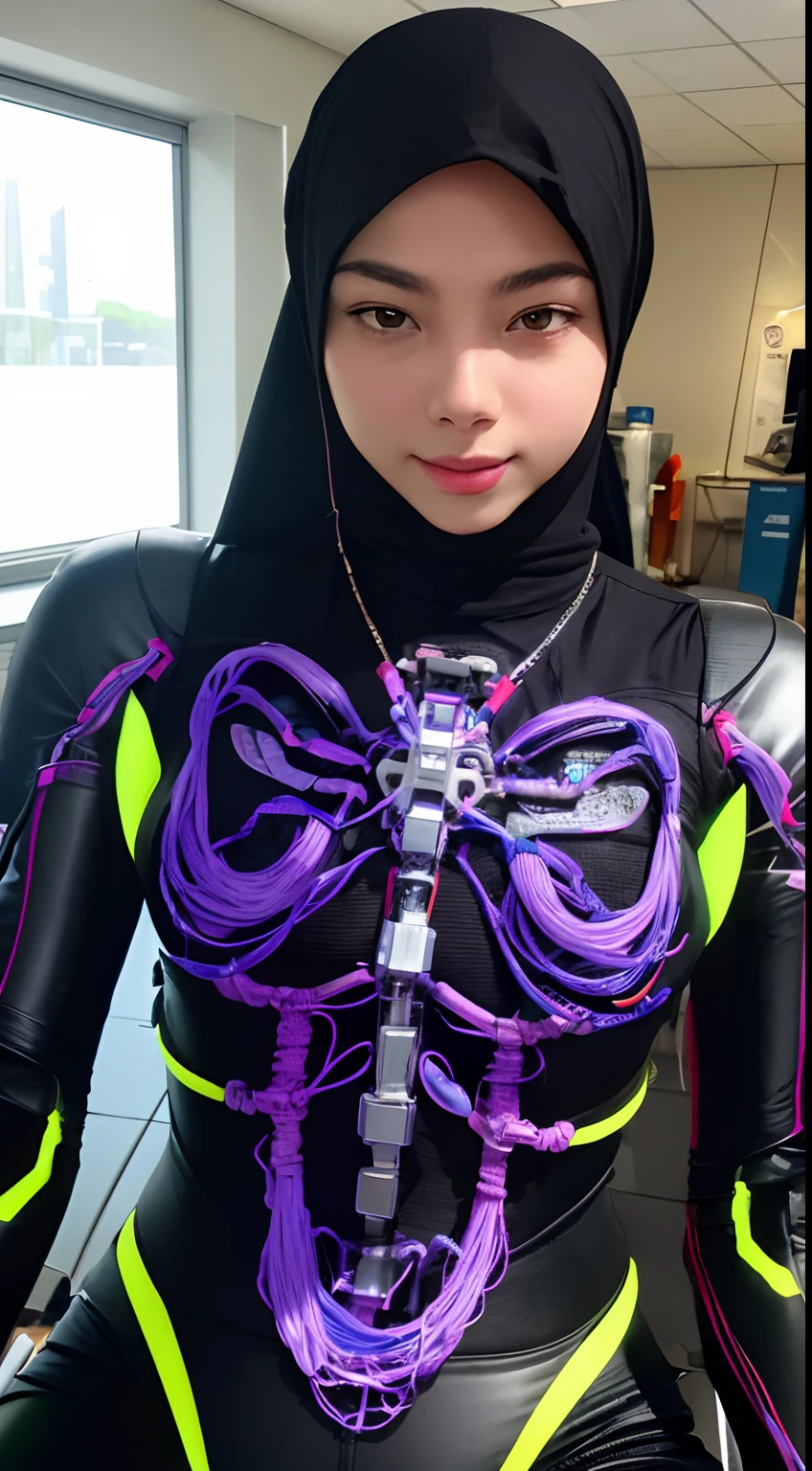 Top Quality, Masterpiece, Ultra High Resolution, (Photorealistic: 1.4), Raw Photo, 1 malay Girl in black hijab, Glossy Skin, 1 Mechanical Girl, (Ultra Realistic Detail)), Portrait, Global Illumination, Shadows, Octane Rendering, 8K, Ultra Sharp, Big, Cleavage Exposed Raw Skin, Metal, Intricate Ornament Details, Very intricate details, realistic light, CGSoation trend, purple eyes, glowing eyes, facing the camera, neon details, mechanical limbs, blood vessels connected to the tube, mechanical vertebrae attached to the back, mechanical cervical attachment to the neck, sitting, wires and cables connecting to the head, gundam, small LED lamps,