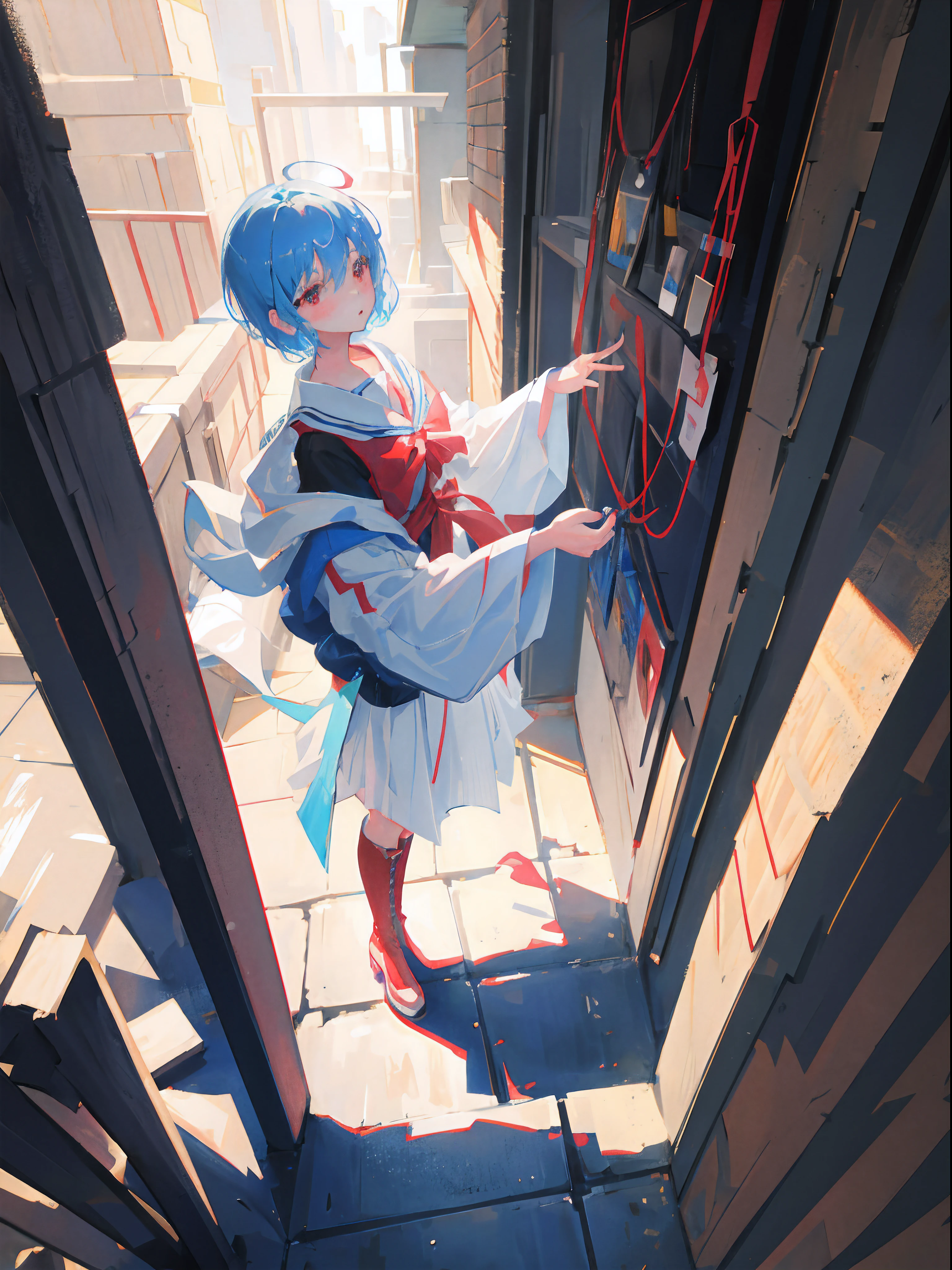 1girl, short blue hair, red eyes, wearing white japanese uniform, red chess texture skirt, leather high heel shoes boots, black stockings, she's getting out from her house desperately, she's on the right side of the screen, she is messed up, high top view angle, she's trying to put on shoes without seeing, in the background we can see her house, town,show almost the whole body, she's look concerned(facial exprecion), she's with a toast in her mouth, oil pastel painting,she is near the door, absurdres, high res, ultrasharp, 8K, masterpiece, full details, artstation, sun rising, the view is from top, good composition, looking at viewer