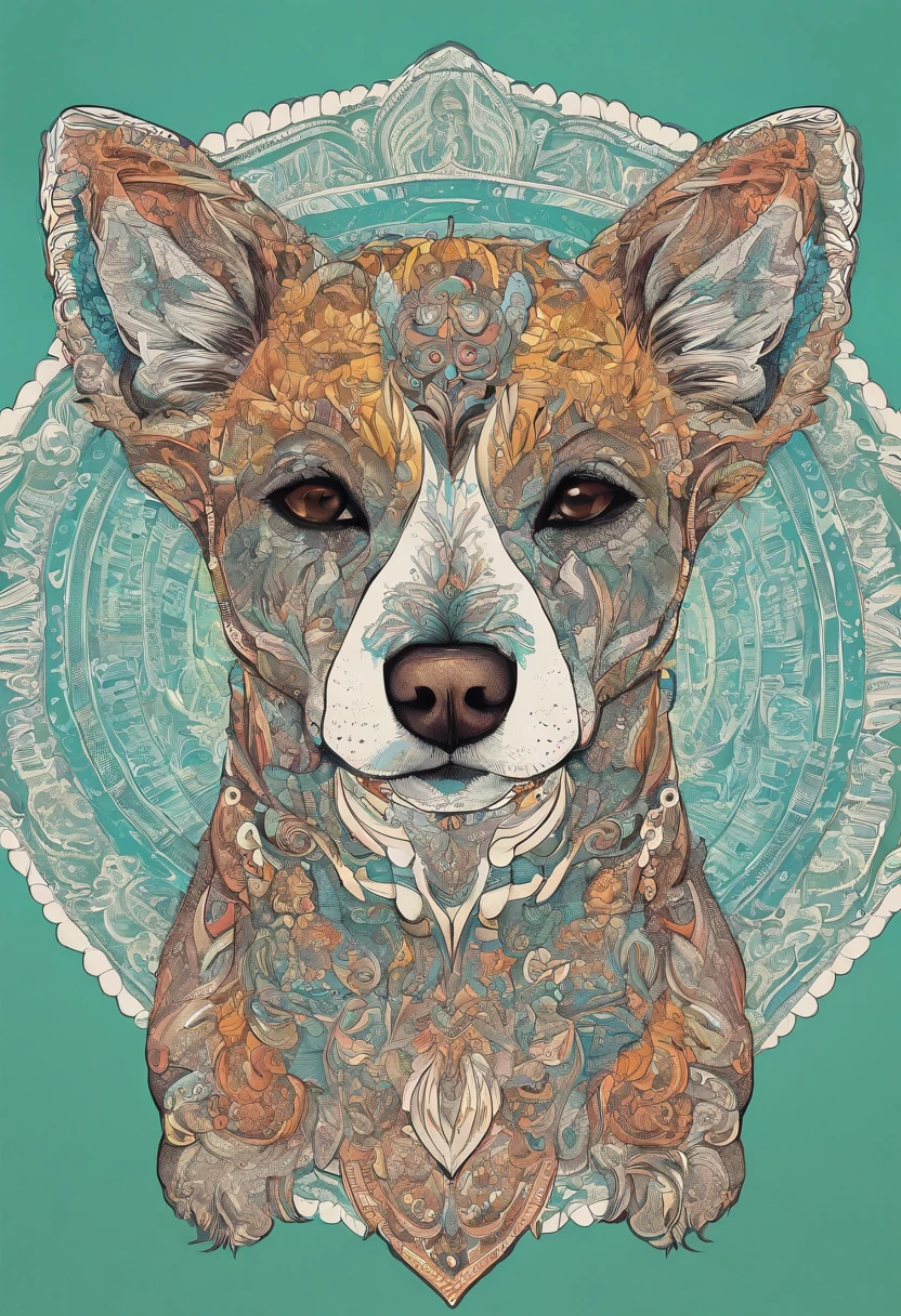 vibrant color drawing of a simple cute dog based mandala