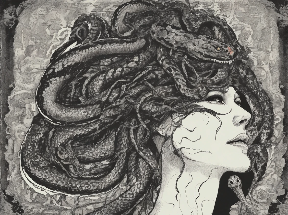 Medusa, hand drawn ink on paper illustration, vintage 2d line art, double exposure, optical illusion, snake skin dress, (face, ornate black metal corpse paint, resembles Grace Jones), (art style "Sean Gordon Murphy" comic drawing, splash panel), body drawn in Frederic Delavier musculature anatomical illustration art style, snake-haired, candid, (horror, abstract, surreal, body, cosmic), (lamia, gorgon, snake woman hybrid, human upper-body, snake tail lower-body), (background, pine barrens, entropy, rewilding, magic hour nautical twilight), (snake-haired head covered in snakes, resemble pantera great southern trendkill), silhouette, full length portrait, (Naga, snakefolk), (colors, forest green to earth brown, merge bleak muted deep fiery radiant glowing CMYK hues, (art style Gerardo Zaffino charcoal), nyctophobia,