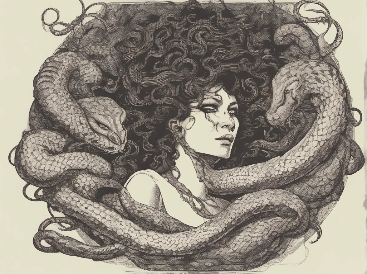 Medusa, hand drawn ink on paper illustration, vintage 2d line art, double exposure, optical illusion, snake skin dress, (face, ornate black metal corpse paint, resembles Grace Jones), (art style "Sean Gordon Murphy" comic drawing, splash panel), body drawn in Frederic Delavier musculature anatomical illustration art style, snake-haired, candid, (horror, abstract, surreal, body, cosmic), (lamia, gorgon, snake woman hybrid, human upper-body, snake tail lower-body), (background, pine barrens, entropy, rewilding, magic hour nautical twilight), (snake-haired head covered in snakes, resemble pantera great southern trendkill), silhouette, full length portrait, (Naga, snakefolk), (colors, forest green to earth brown, merge bleak muted deep fiery radiant glowing CMYK hues, (art style Gerardo Zaffino charcoal), nyctophobia,