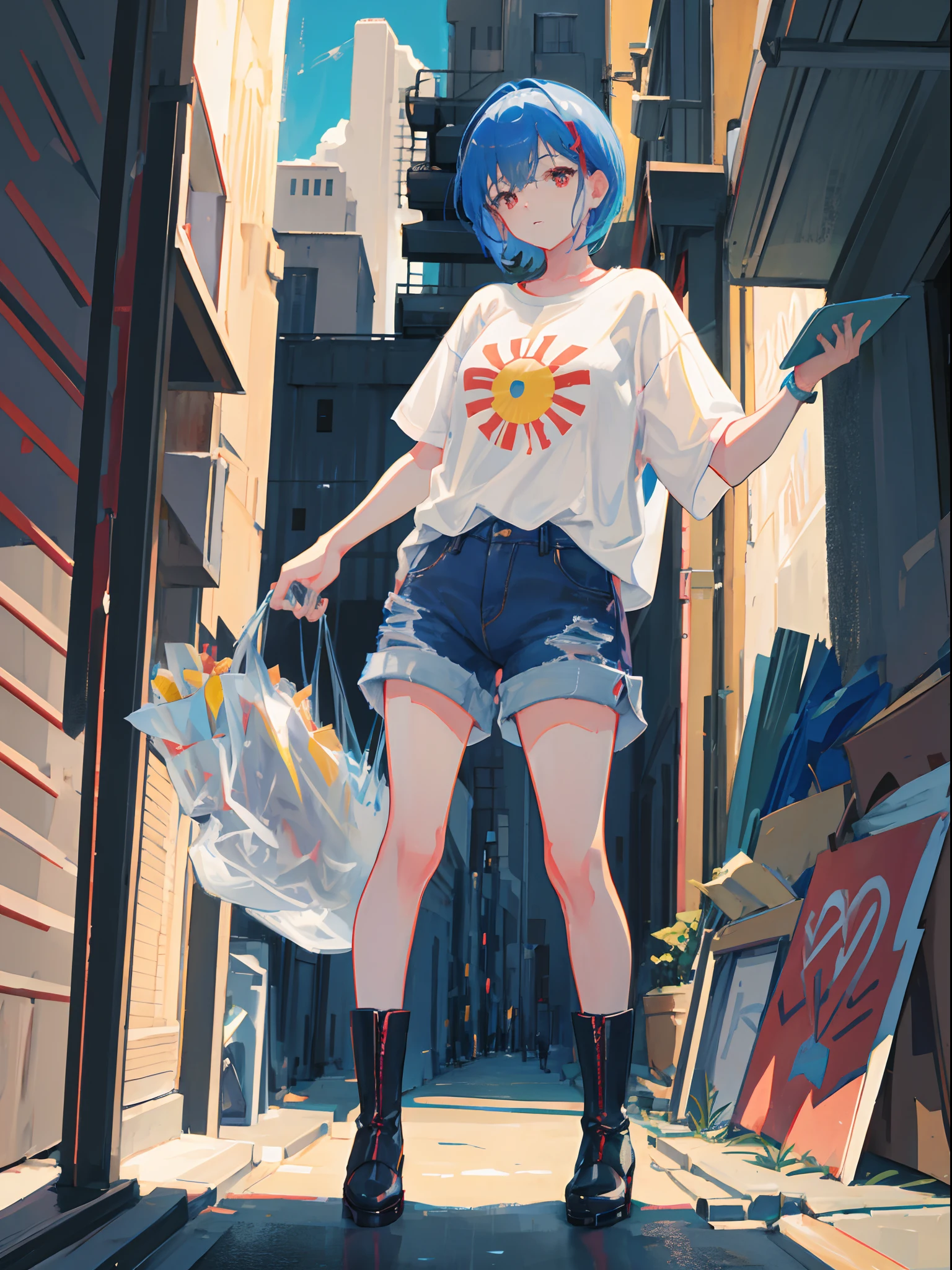 1girl, short blue hair, red eyes, wearing summer's t-shirt, denim shorts, leather high heel shoes boots, black stockings, she's getting out from her house for buy something, she's on the right side of the screen, she is messed up, high top view angle, she's trying to put on shoes without seeing, in the background we can see her house, town,show almost the whole body, she's look concerned(facial exprecion), she's with a toast in her mouth, oil pastel painting,she is near the door, absurdres, high res, ultrasharp, 8K, masterpiece, full details, artstation, sun rising, the view is from top, good composition, looking at viewer