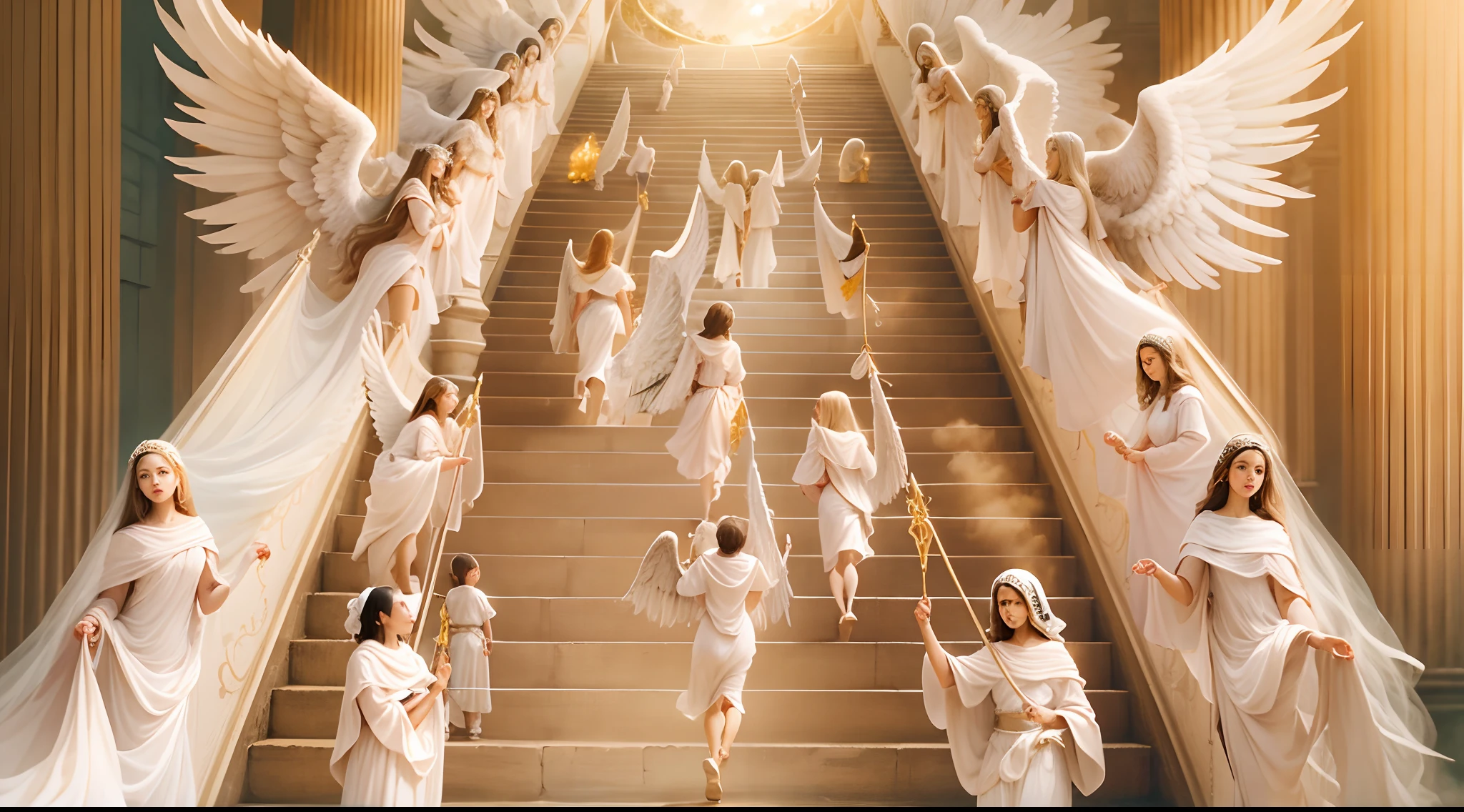 Angels of God descending and ascending stairs to earth and heaven