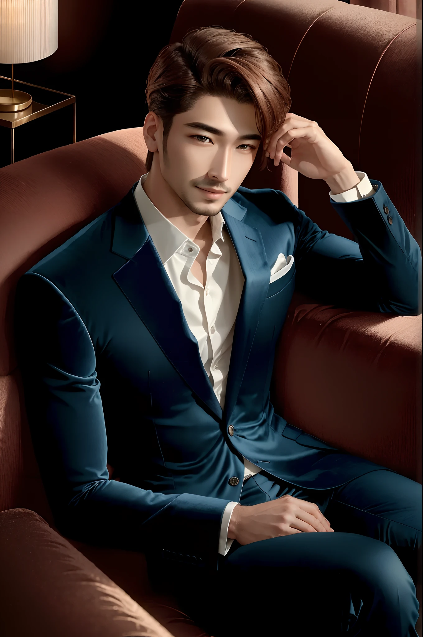 (Best quality,4K,8K,A high resolution,Masterpiece:1.2),Ultra-detailed,(Realistic,Photorealistic,photo-realistic:1.37),asian man, sitting in the couch, Wear a casual suit, With a mischievous smile, Elegant facial features, Perfectly groomed hair, Deep expressive eyes, A charming smile, Slim suit, tailored to perfection, Clear lines and modern design, plush velvet sofas, Soft and comfortable material, Detailed stitching on the sofa, Modern style living room, minimalist decor, Natural lighting, Highlight the characteristics of men, Vibrant colors, Warm and comfortable atmosphere,cool guy,Refined face