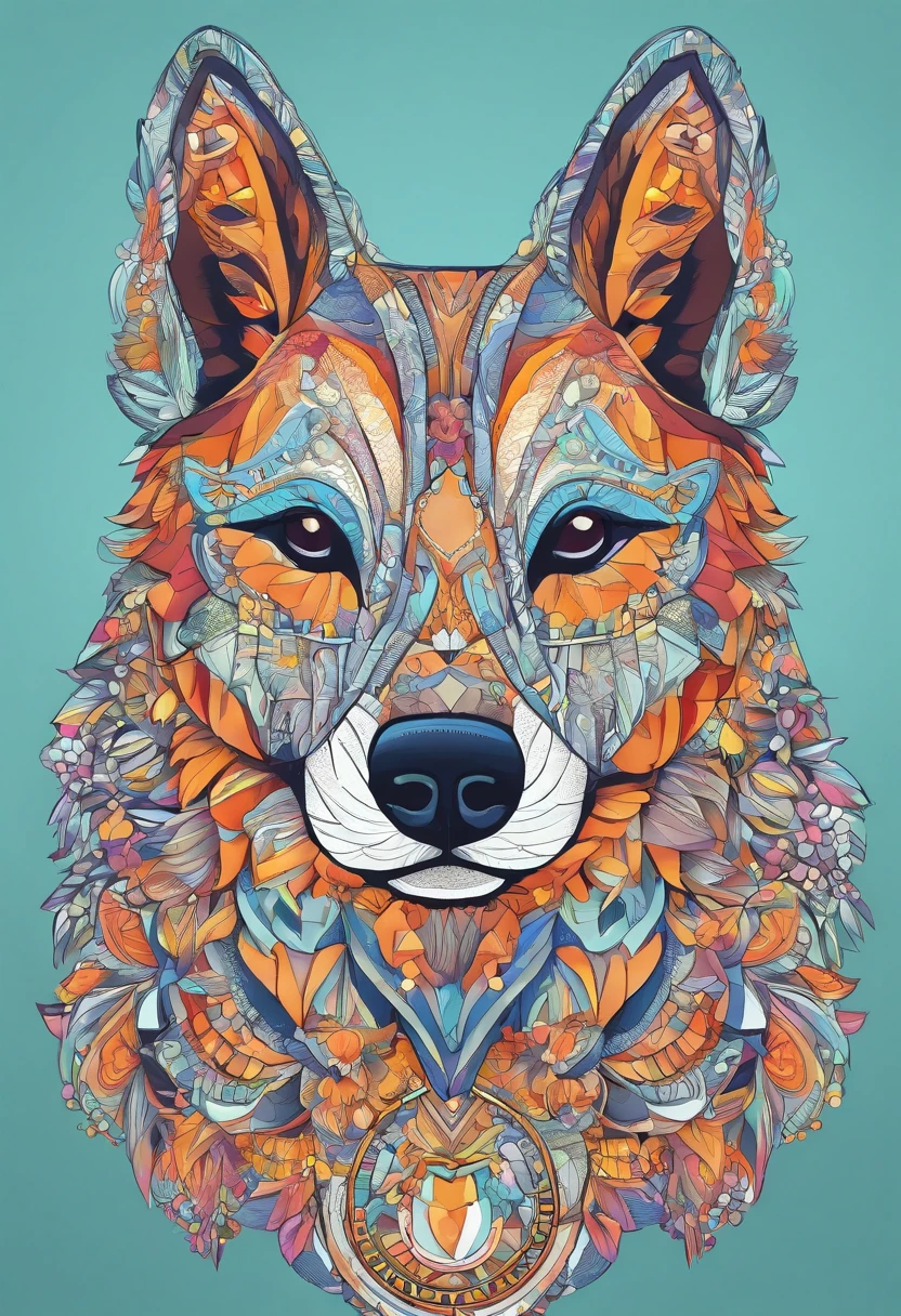 vibrant color drawing of a simple cute dog based mandala