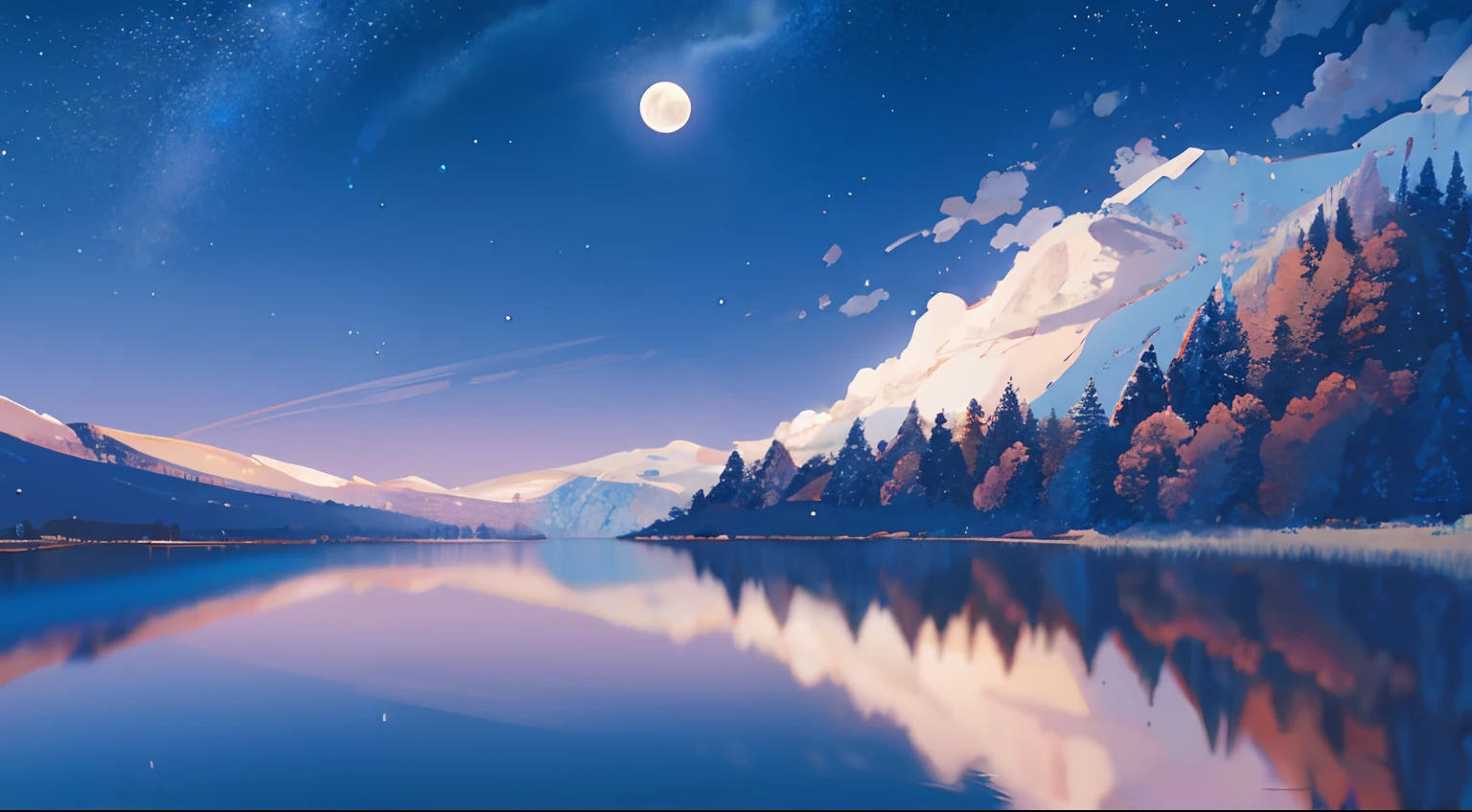 starrysky，The full moon is reflected in the lake, calm evening. Digital illustration, highly detailed back ground, Magnificent background, big moon above the water, cosmos sem fim no fundo, beautiful moonlight night, nighttime nature landscape, Night landscape background, night sky reflected in the water, amazing wallpapers, reflection of the moon, moon reflecting on the water, Beautiful digital artwork