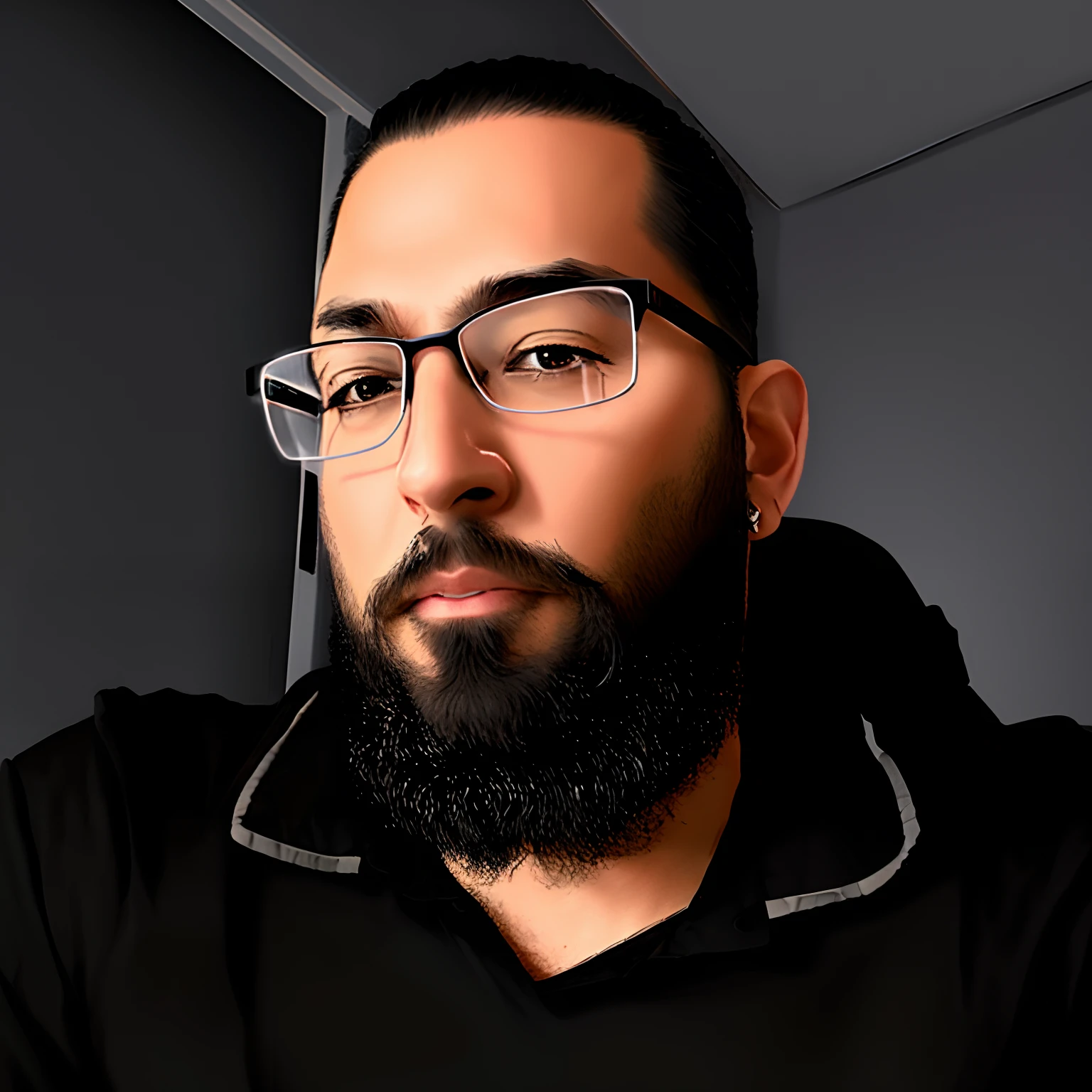 there is a man with glasses and a beard wearing a black shirt, foto de perfil headshot, looking away from camera, foto de perfil profissional, anime, realistic animation style