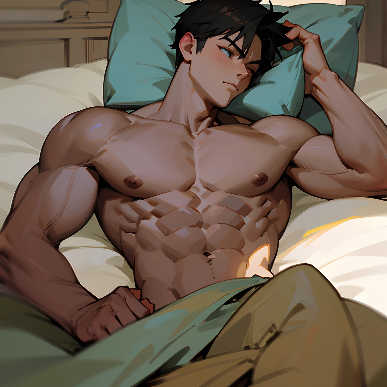 1boy, in bed, super muscular, eyes closed