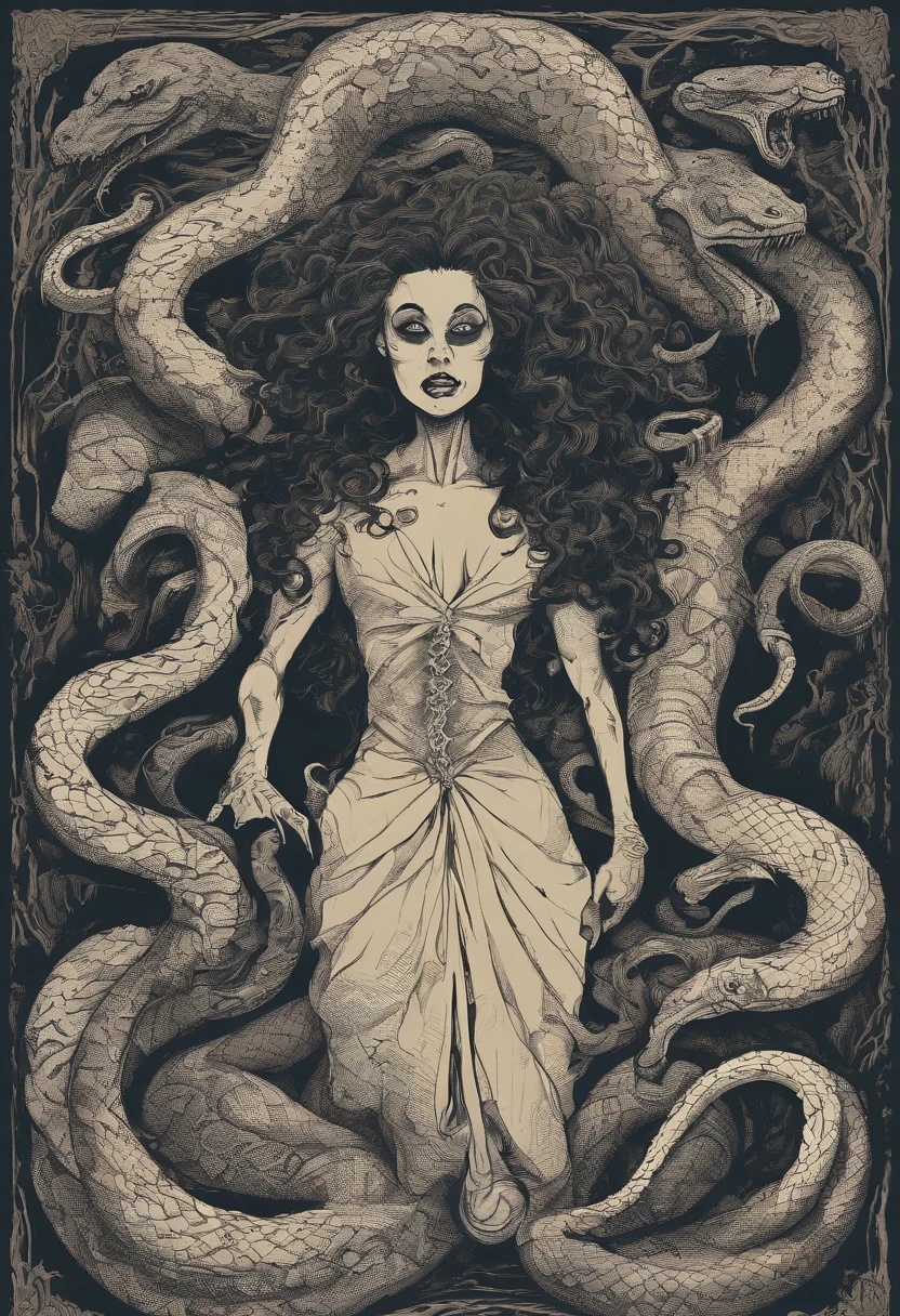 Medusa, hand drawn ink on paper illustration, vintage 2d line art, double exposure, optical illusion, snake skin dress, (face, ornate black metal corpse paint, resembles Grace Jones), (art style "Sean Gordon Murphy" comic drawing, splash panel), body drawn in Frederic Delavier musculature anatomical illustration art style, snake-haired, candid, (horror, abstract, surreal, body, cosmic), (lamia, gorgon, snake woman hybrid, human upper-body, snake tail lower-body), (background, pine barrens, entropy, rewilding, magic hour nautical twilight), (snake-haired head covered in snakes, resemble pantera great southern trendkill), silhouette, full length portrait, (Naga, snakefolk), (colors, forest green to earth brown, merge bleak muted deep fiery radiant glowing CMYK hues, (art style Gerardo Zaffino charcoal), nyctophobia,