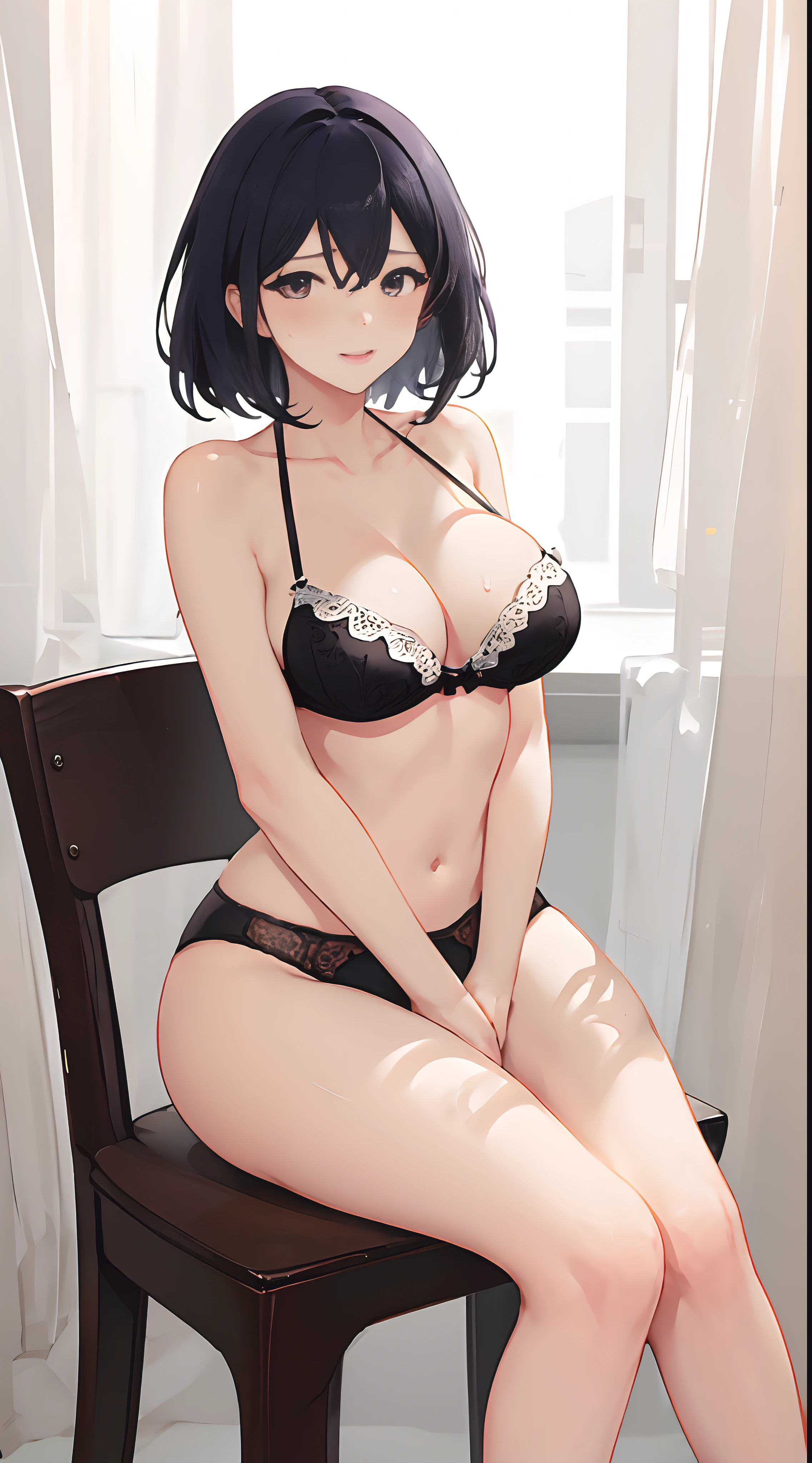 4k高清，1girll, 独奏, She wears white lace lingerie，Wear black panties，Exposing thighs,sit on chair，The breasts are particularly large，Perfect hands，Body sweating，Short black hair，Be red in the face