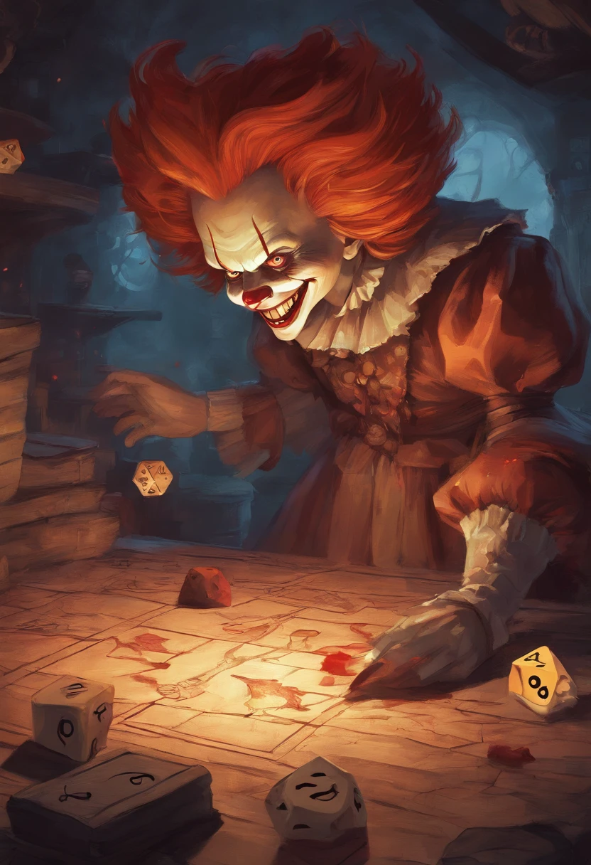 Pennywise Secret Laboratory, VHS effects, Magazine covers, terroral, horror film poster, Horror, terrifying, Dark details, Hiperde Tarhad, Blood tracking, Subsurface Dispersion, Heavy lighting for darkness, Shallow depth of field, Spurting blood, natta, The Darkness, darkness, murderer, laugh, Long teeth, large hands, Roll the dice, RPG, Tabletop role-playing game, Throw dice on the table, Table with dice, Boken, Roll the dice, D20, 20-sided die, Children in the background, terroral, Children of fear, Voiceover games, Narrated RPG, Play RPG Dice, Friar Course RPG, Tabletop role-playing game, Children of fear, Children listening with fear, Pennywise Laughs, 6-sided dice, Children with data, Ordinary child, Frightened children, ??? Running From Pennywise, Pennywise laughs creepily