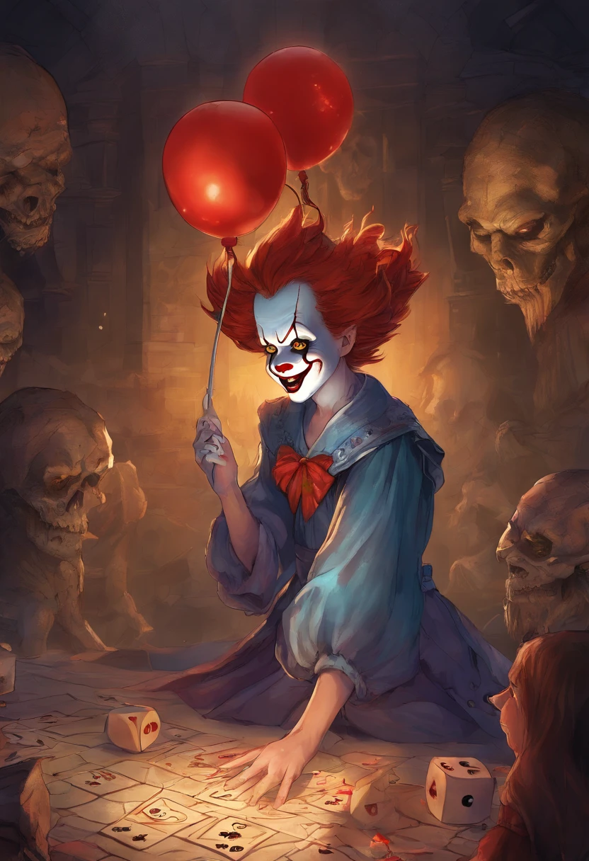 Pennywise Secret Laboratory, VHS effects, Magazine covers, terroral, horror film poster, Horror, terrifying, Dark details, Hiperde Tarhad, Blood tracking, Subsurface Dispersion, Heavy lighting for darkness, Shallow depth of field, Spurting blood, natta, The Darkness, darkness, murderer, laugh, Long teeth, large hands, Roll the dice, RPG, Tabletop role-playing game, Throw dice on the table, Table with dice, Boken, Roll the dice, D20, 20-sided die, Children in the background, terroral, Children of fear, Voiceover games, Narrated RPG, Play RPG Dice, Friar Course RPG, Tabletop role-playing game, Children of fear, Children listening with fear, Pennywise Laughs, 6-sided dice, Children with data, Ordinary , Frightened children, Kid Running From Pennywise, Pennywise laughs creepily