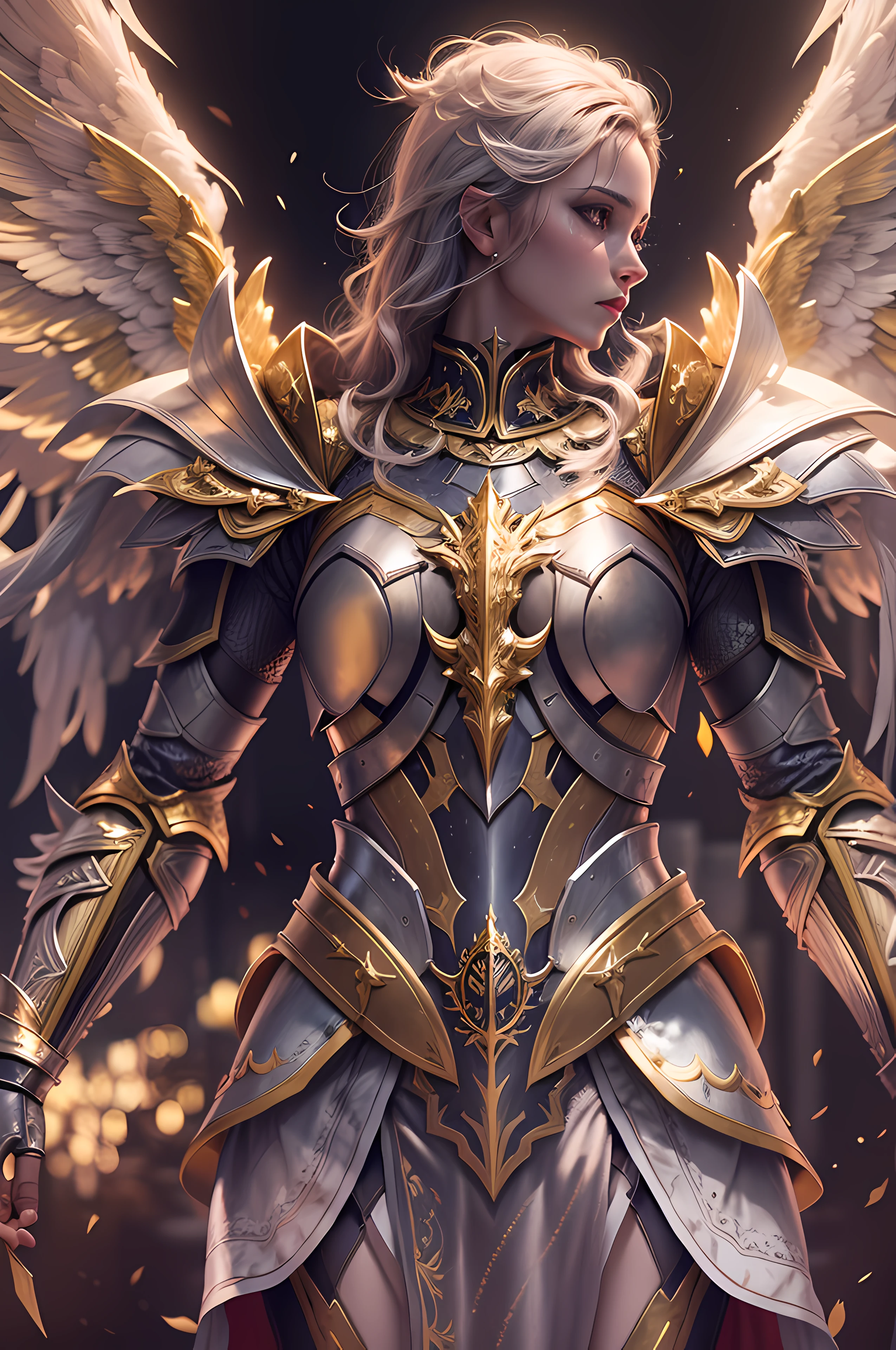 Angel knight, fine armor, intricate design, soft gold details, silk, cinematic lighting, 4k, floating hair, sharp, prism, shining knight