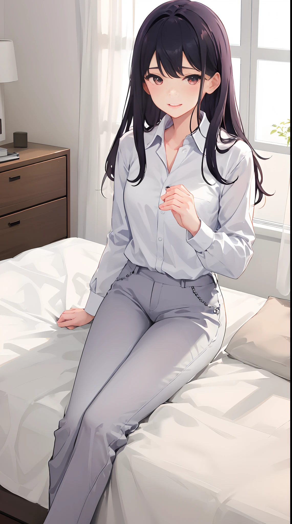 1girll, 独奏, long whitr hair,Wear a white shirt,Wear pink slacks,sit on a bed,The chest is particularly large,Perfect hands,a mature female