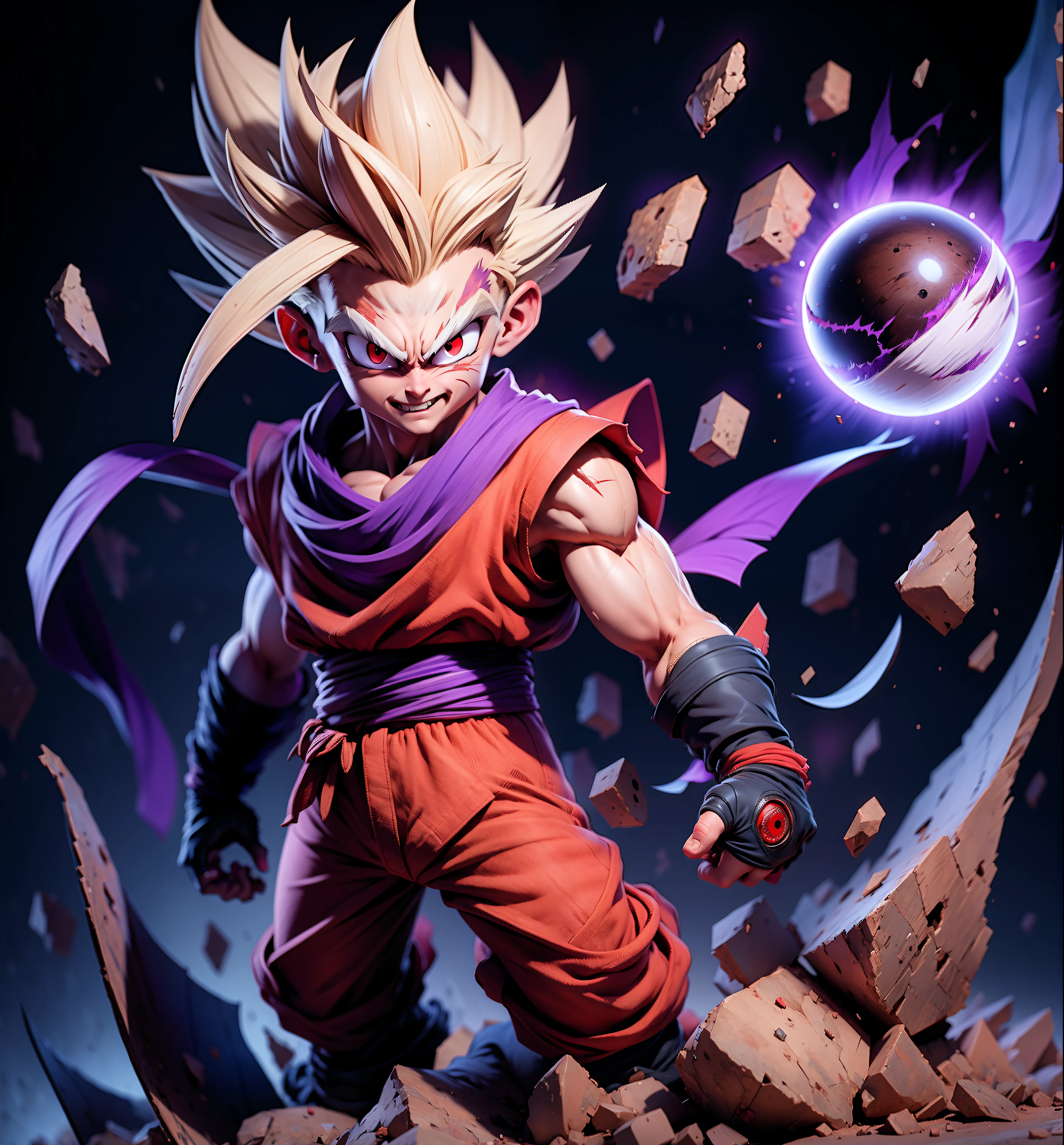 masterpiece, best quality, ultra-detailed, Adult Gohan 1boy, solo, Full body, evil smile, grey hair, spiked hair, (((red eyes))), (((perfect eyes))), (((PURPLE dougi))), full body, looking at viewer, male focus, earth \(planet\), planet, space, cracked ground and lots of rocks rising up, lots of debris going up, perfect hands . Cute, chibi,