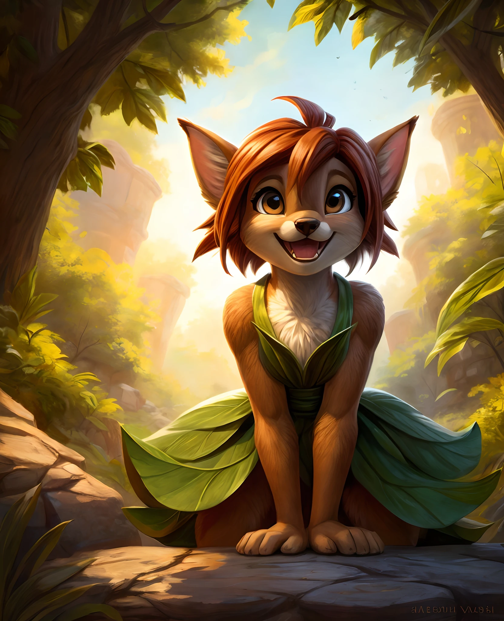 zaush , yakovlev-vad , aoizuri , evomanaphy,,, elora furry, detailed and extremely fluffy body fur, fluff, masterpiece, looking up beautiful surroundings, detailed background, happy, leaf-dress,