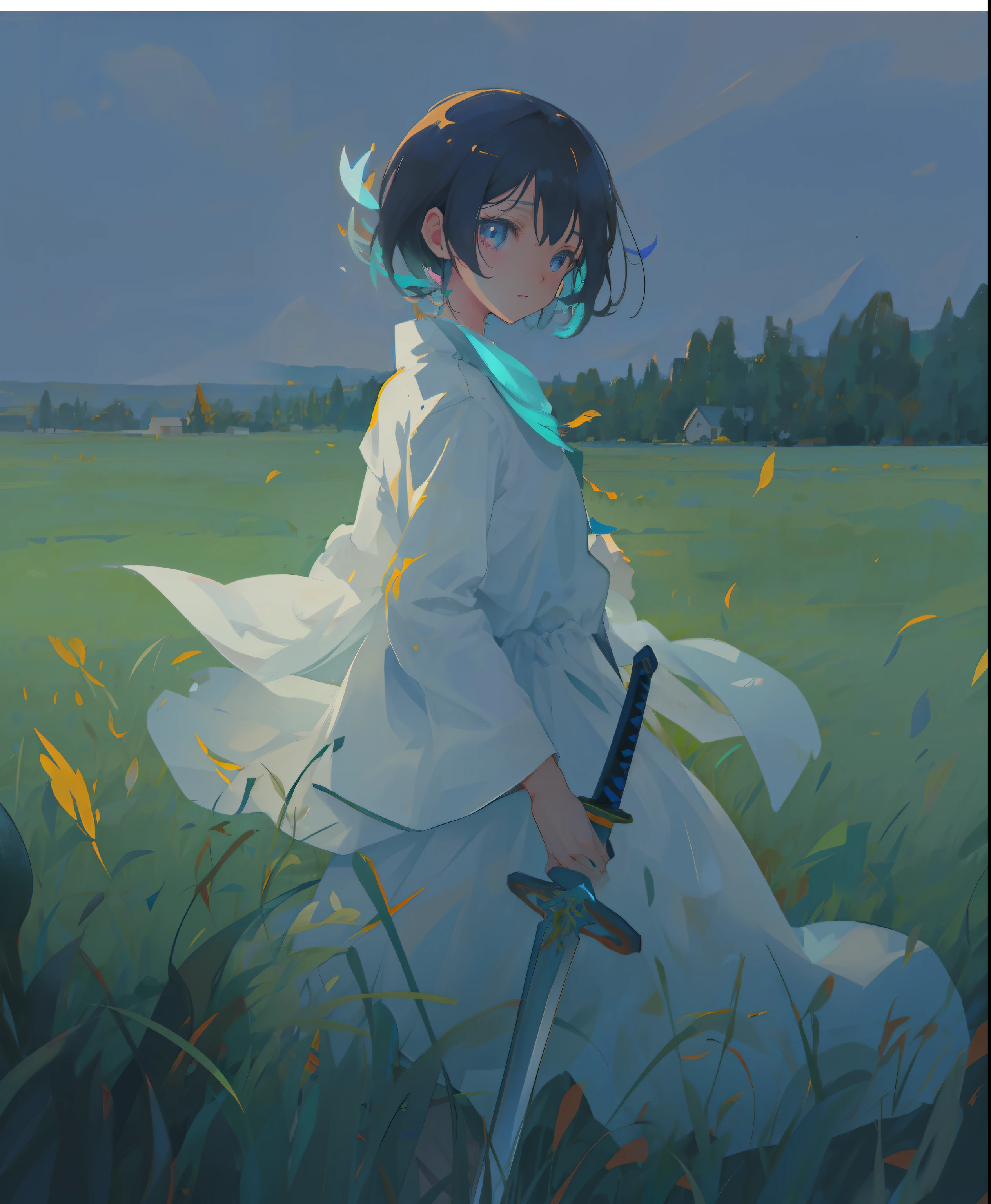 Anime girl holding a sword in a field, Guviz-style artwork,