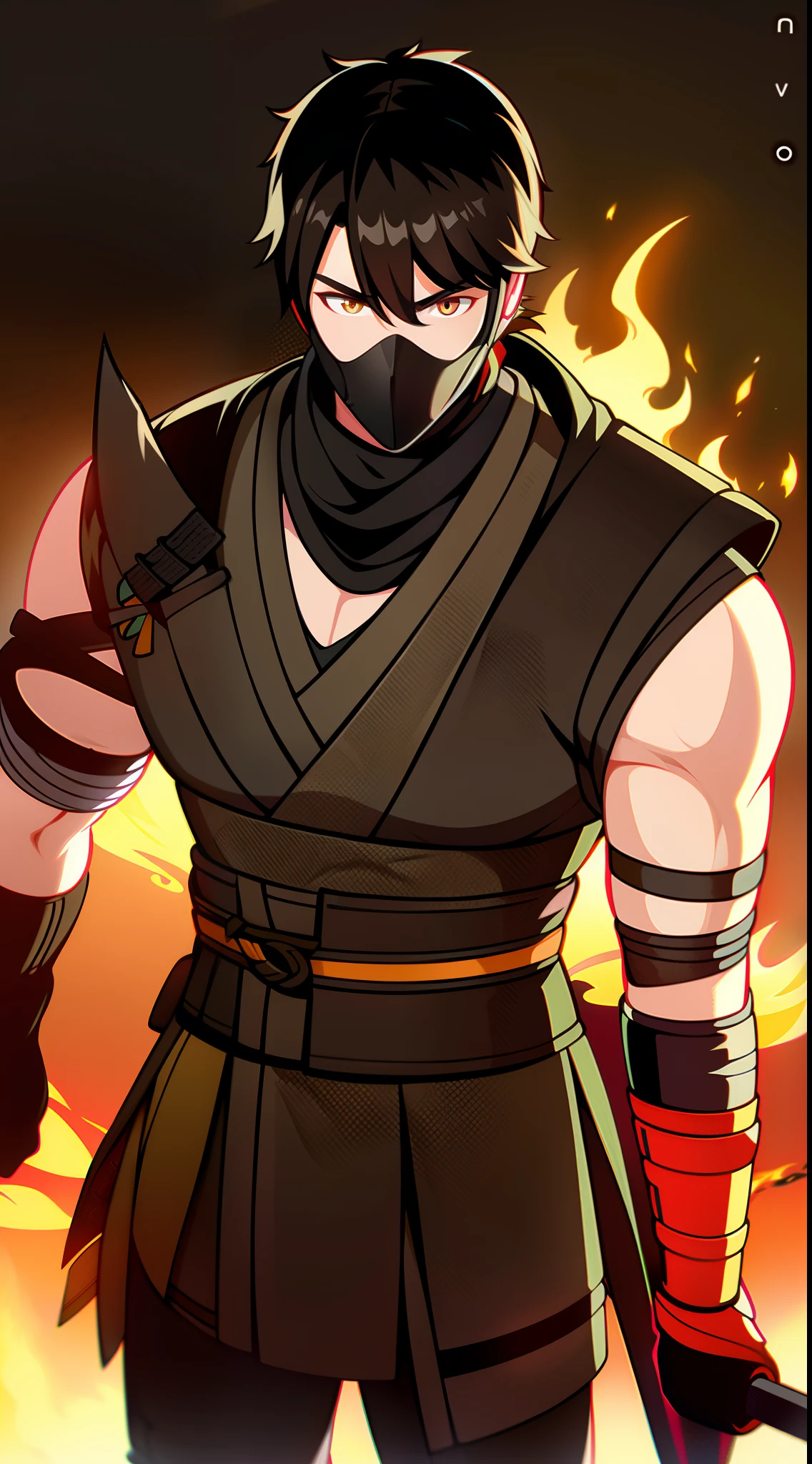 Grown-up guy, short black hair, high ponytail, Brown eyes, mask, Yellow shinobi kimono, Sleeveless, Scorpion, fire, katana, Masterpiece, hiquality, 4k, HD, Good detail