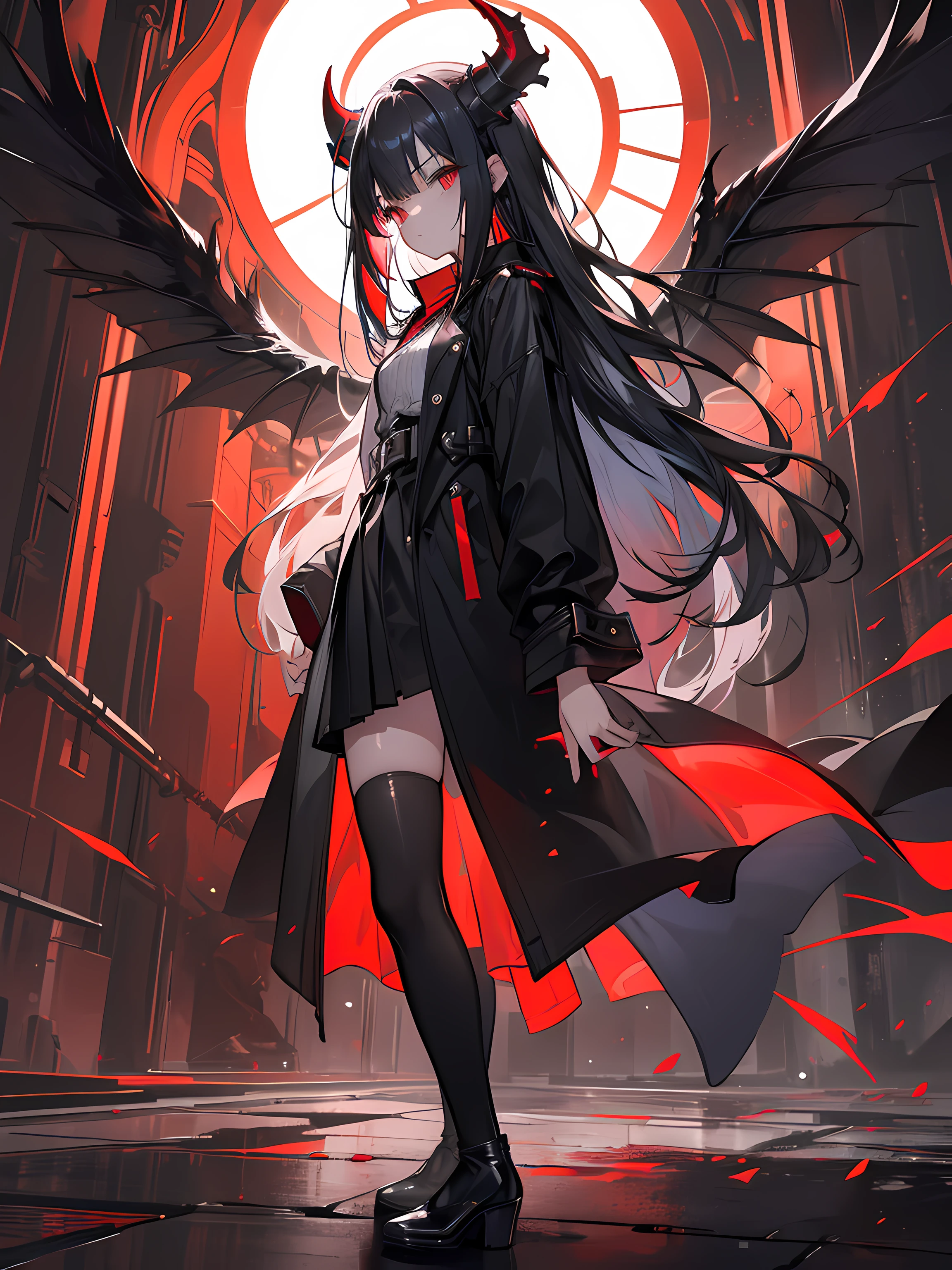A girl with demonic horns and incandescent blood red eyes, face slightly upwards and slightly to the left, serious face, long straight black hair, wearing a trench coat, black high-heeled boots, black wings drooping, blood red halo, hands in pockets, walking on a dark street between dark buildings, (ultra-realistic), {extremely detailed 8k CG unit wallpaper}, expansive landscape photography, (a centered view that prioritizes character and setting, (wide field view wide), (low angle shot), (high light: 0.5), (low light: 1.2), (warm light source: 1.4), complex details, (iridescent colors: 1.7), (bright lighting), (lighting atmospheric), surrealist, dreamy, photography