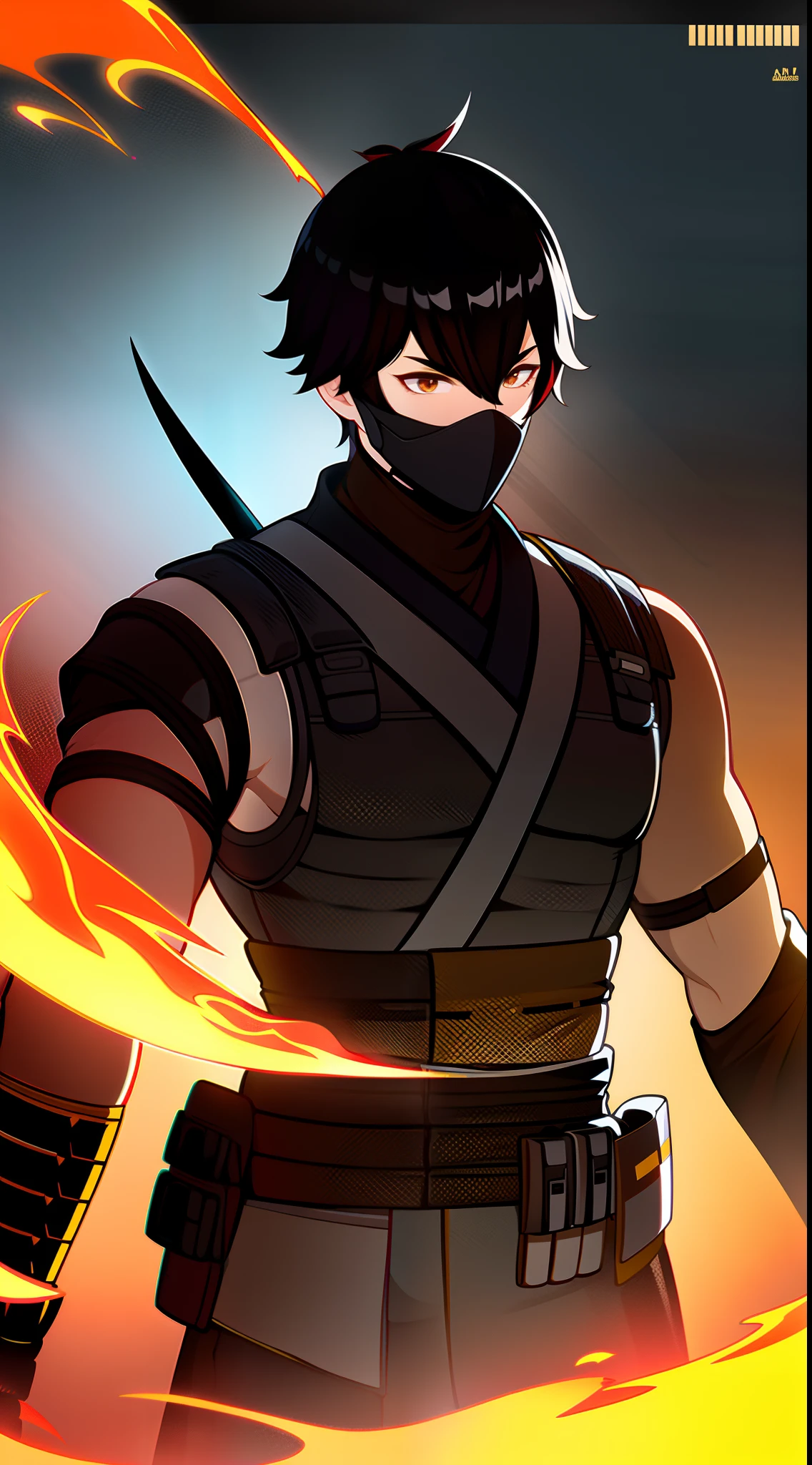 Grown-up guy, short black hair, high ponytail, Brown eyes, mask, Yellow shinobi kimono, Sleeveless, Scorpion, fire, katana, Masterpiece, hiquality, 4k, HD, Good detail