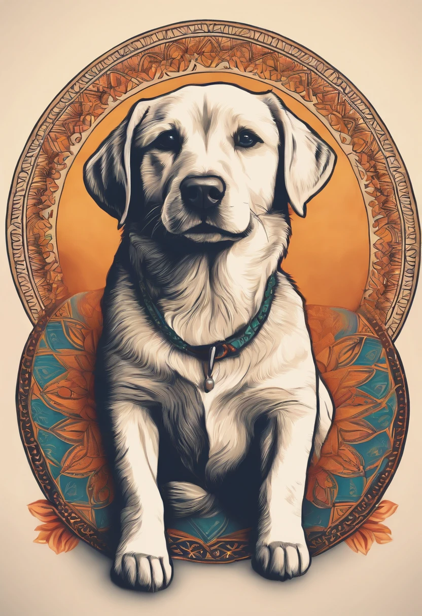 vibrant color drawing of a simple cute dog based mandala