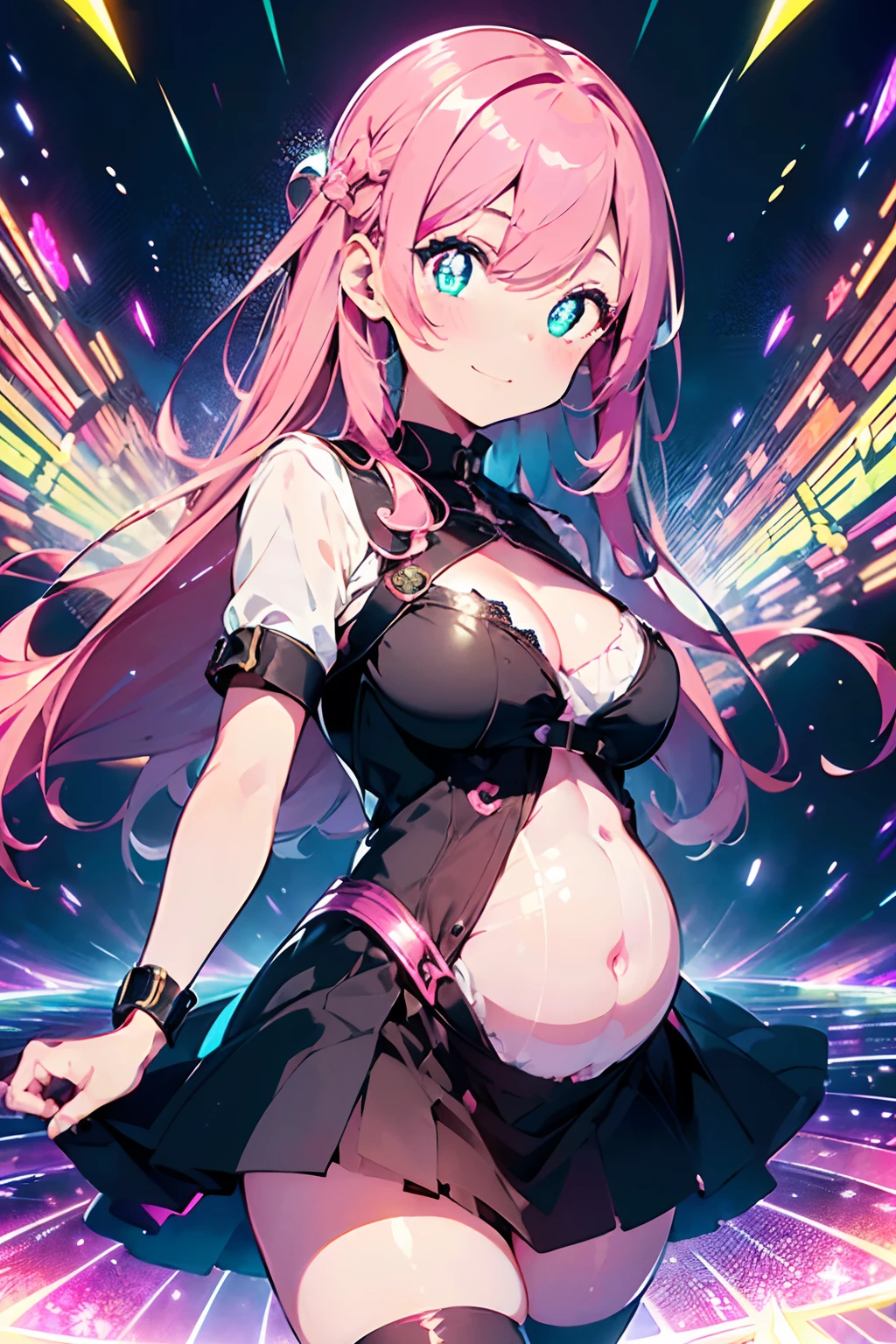 Inventor:2、full bodyesbian:2 Steampunk style:2.、steam engine、hour glass、gear wheel((masutepiece))),((ultra - detailed,Best quality, A high resolution, Beautiful clothes,)),full bodyesbian,Fulll body Shot (1 girl)((Pink hair, Long hair,Straight hair,two sides up)) (Green eyes),eye shadows, eyeline,glowing light eyes, hyper detail eyes, intricately detailed eyes, Beautiful eyes, ((Glowing pink pupils))18-year-old girl、frilld.Smile .Vintage background((high contrast RGB effect, LED effect, kaleidoscope effects, Shining Effect, Ripple effect, Glitter RGB effect))full bodyesbian,Bigchest,Pregnant belly