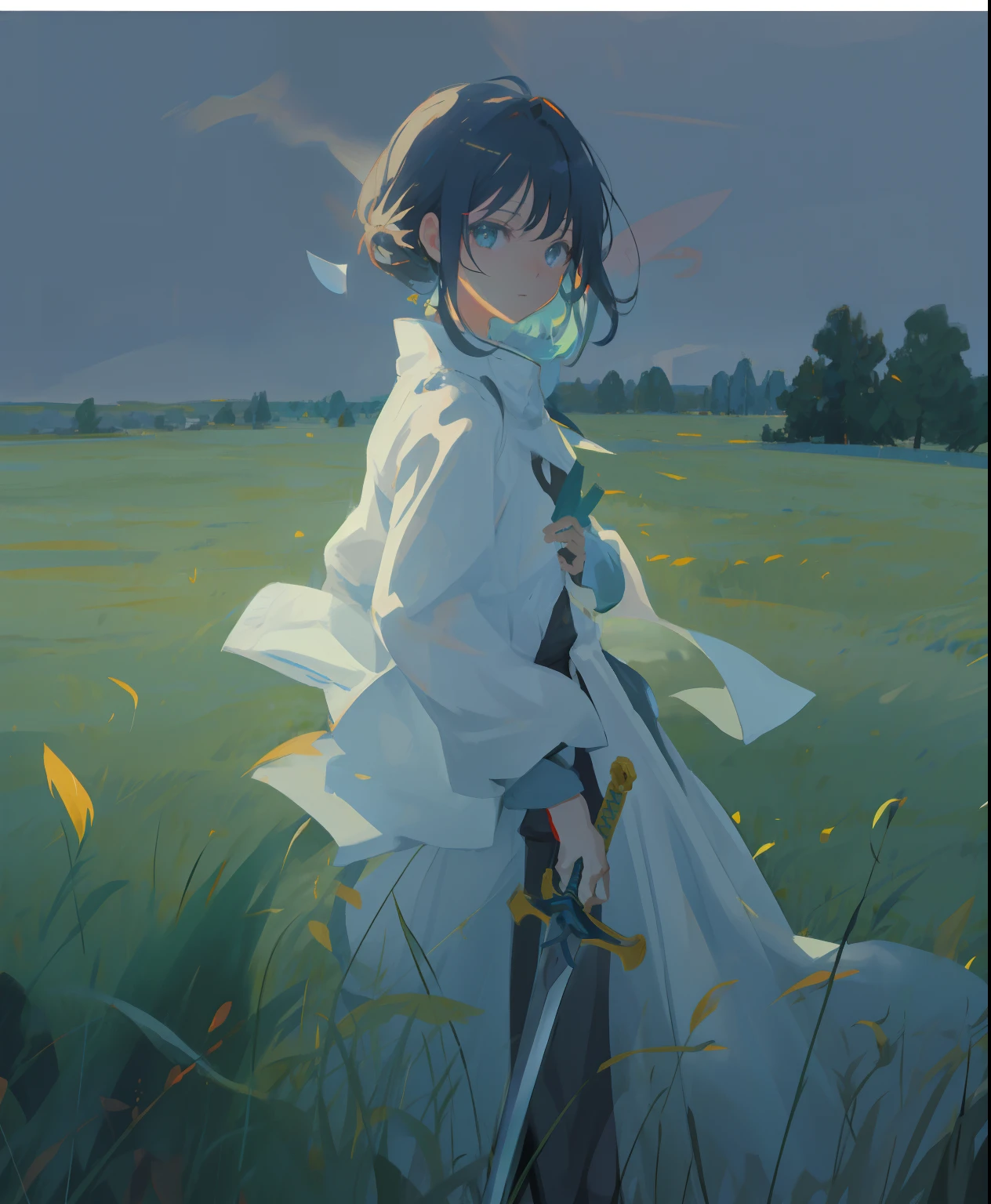 Anime girl holding a sword in a field, Guviz-style artwork,