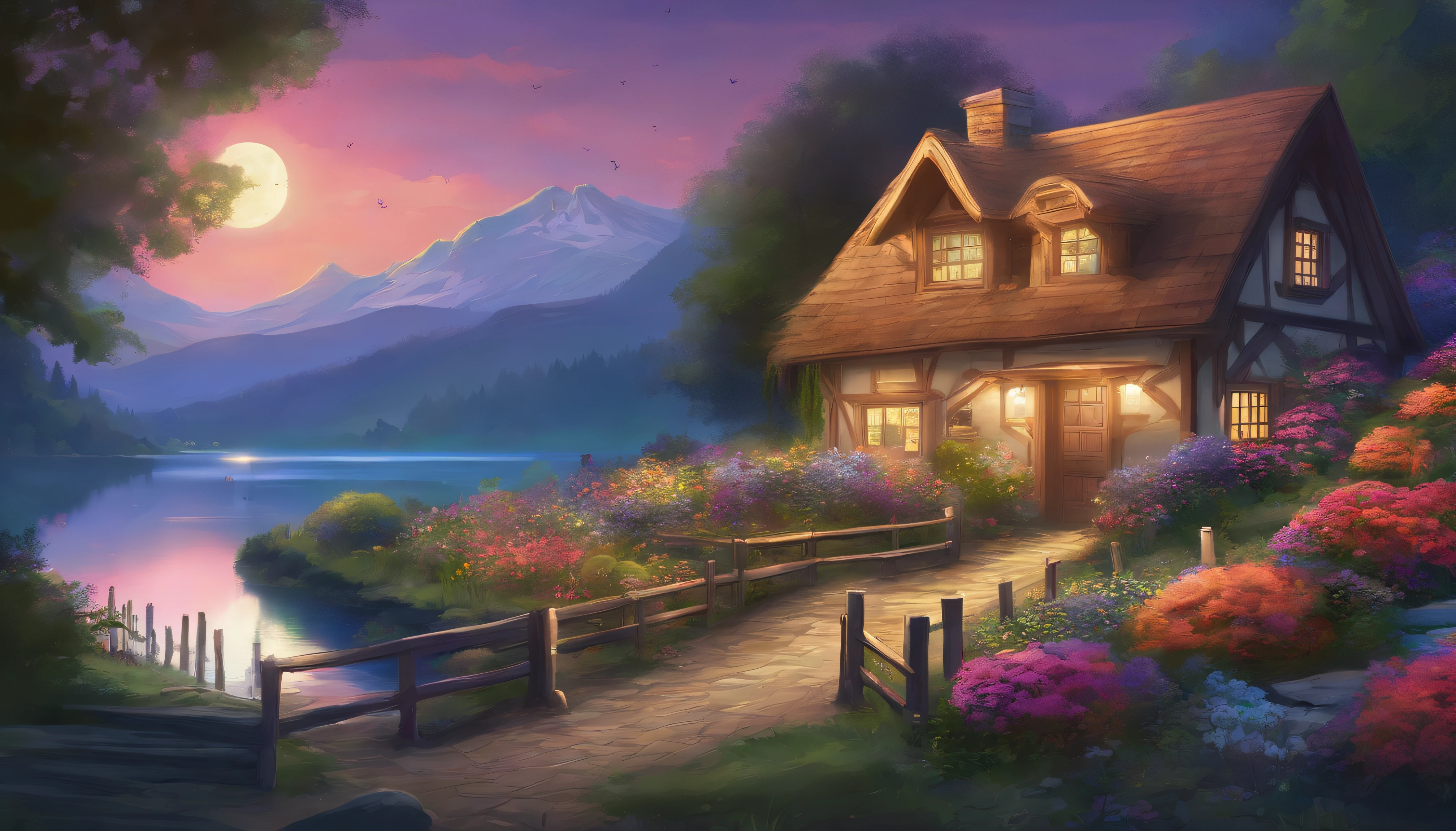 painting of a cottage, flowers beside of fence, fence along the road, mountain landscape with a lake and a boat, full moon , stary night scene, illustration matte painting, inspired by Thomas Kinkade, symmetric matte painting, detailed scenery , style raw, 8 k ultra detailed