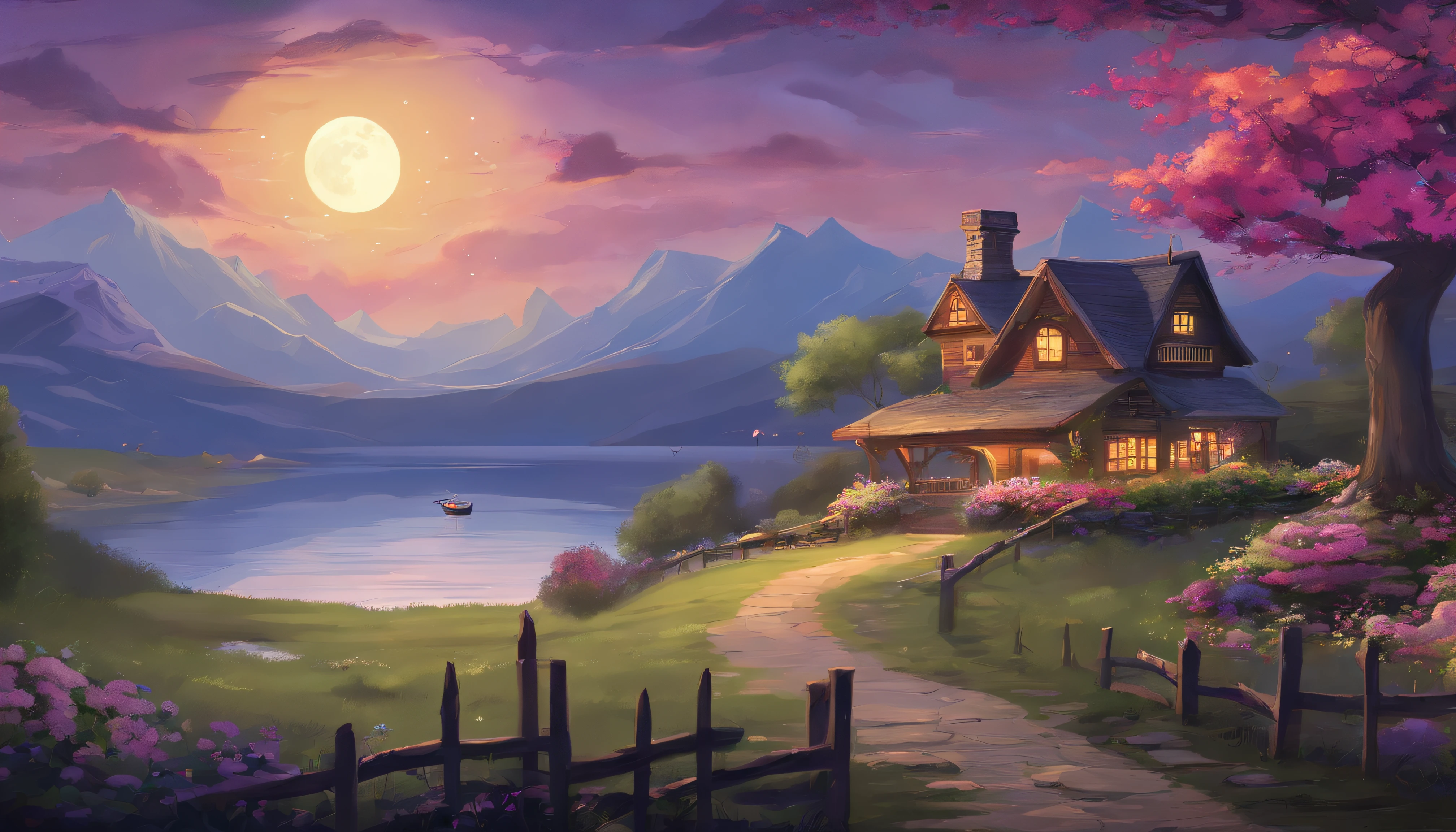 painting of a cottage, flowers beside of fence, fence along the road,  mountain landscape with a lake and a boat, full moon , stary night scene, illustration matte painting,  inspired by Thomas Kinkade, symmetric matte painting, detailed scenery , style raw, 8 k ultra detailed