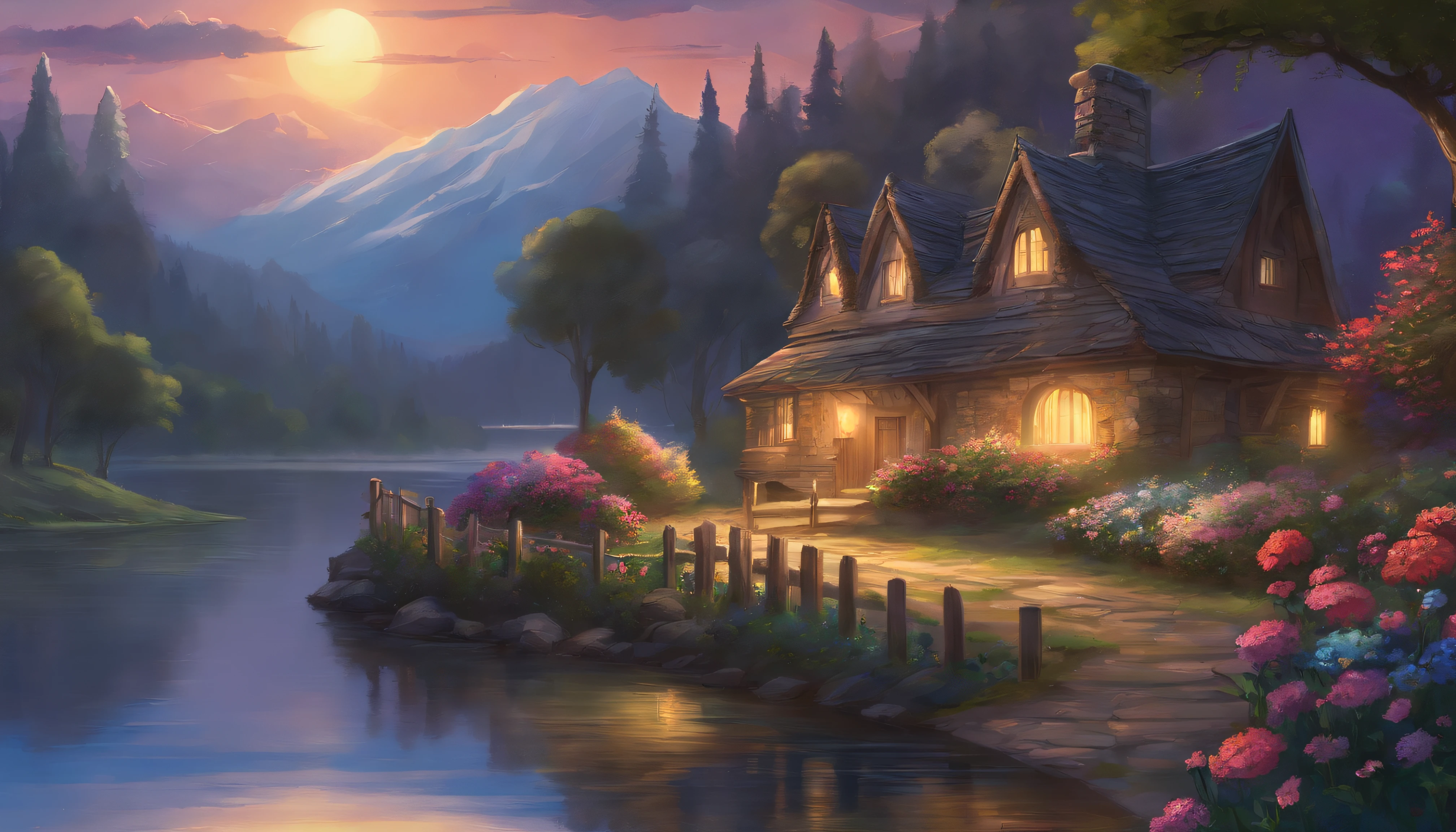 painting of a cottage, flowers beside of fence, fence along the road,  mountain landscape with a lake and a boat, full moon , stary night scene, illustration matte painting,  inspired by Thomas Kinkade, symmetric matte painting, detailed scenery , style raw, 8 k ultra detailed