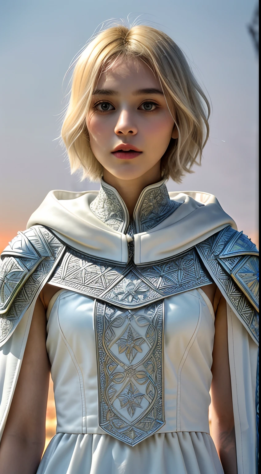 Extremely detailed RAW photo, (rogue thief:1.2) european nordic 19yo female wearing stitched layer (leather armor:1.2), (embroidered white silk cloak), (fabric with intricate pattern:1.2), (insanely detailed, bloom:1.3), 8k, (analog:1.2), (high sharpness), (detailed pupils:1.2), detailed face and eyes, masterpiece, best quality textures, (highly detailed floral patterns:1.1), photorealistic, ecstatic:1.1), (young woman:1.2), sharp, (perfect body:1.2), half body (gothic temple background:1.1), sunset, god rays, blonde short hair, midshot, centered image, ultra detail, extremely face detail, extremely eye detail, short hair
