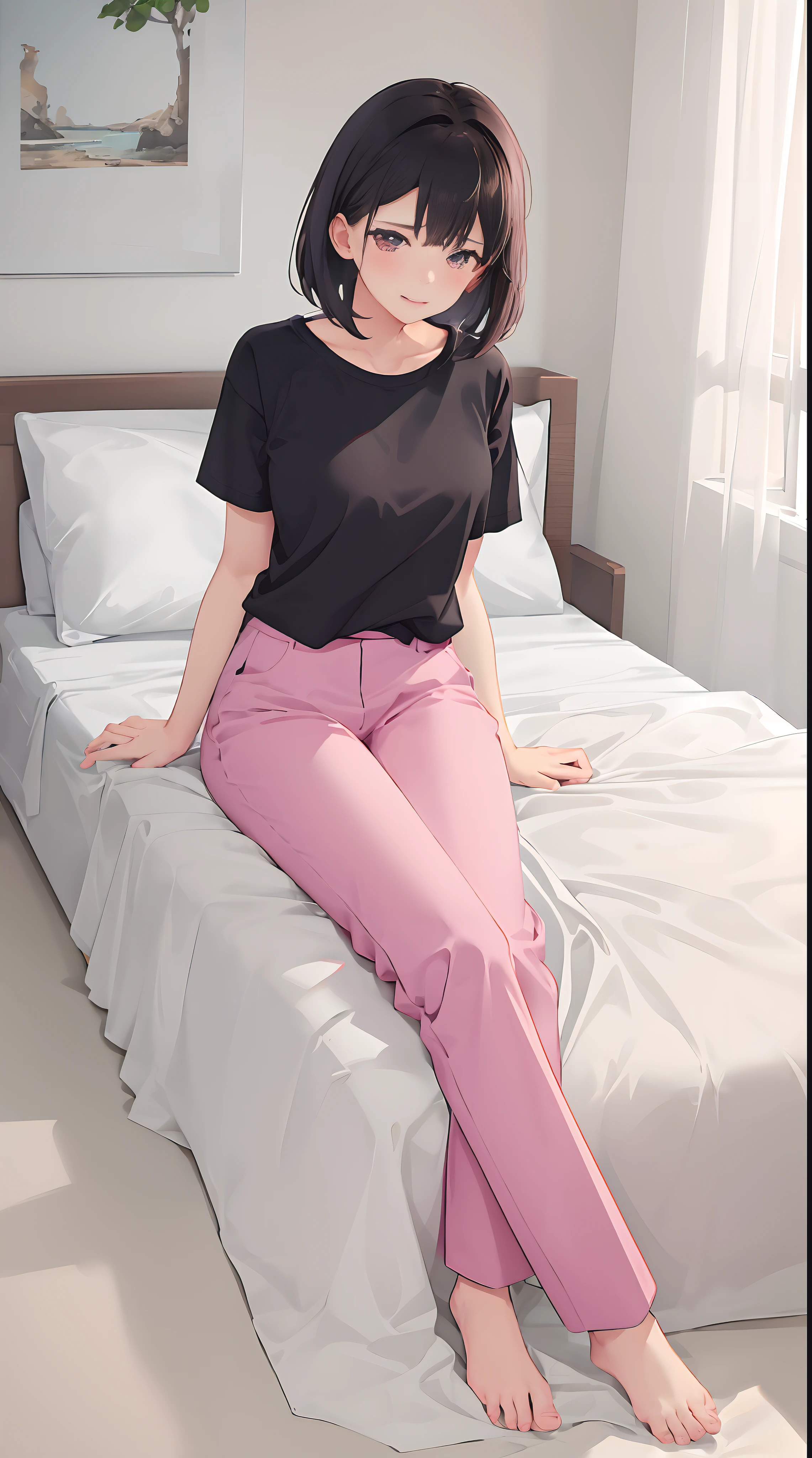 1girll, 独奏, Wear light-colored short sleeves,Wear pink slacks,sit on a bed,The chest is particularly large,Perfect hands,exposing thighs,