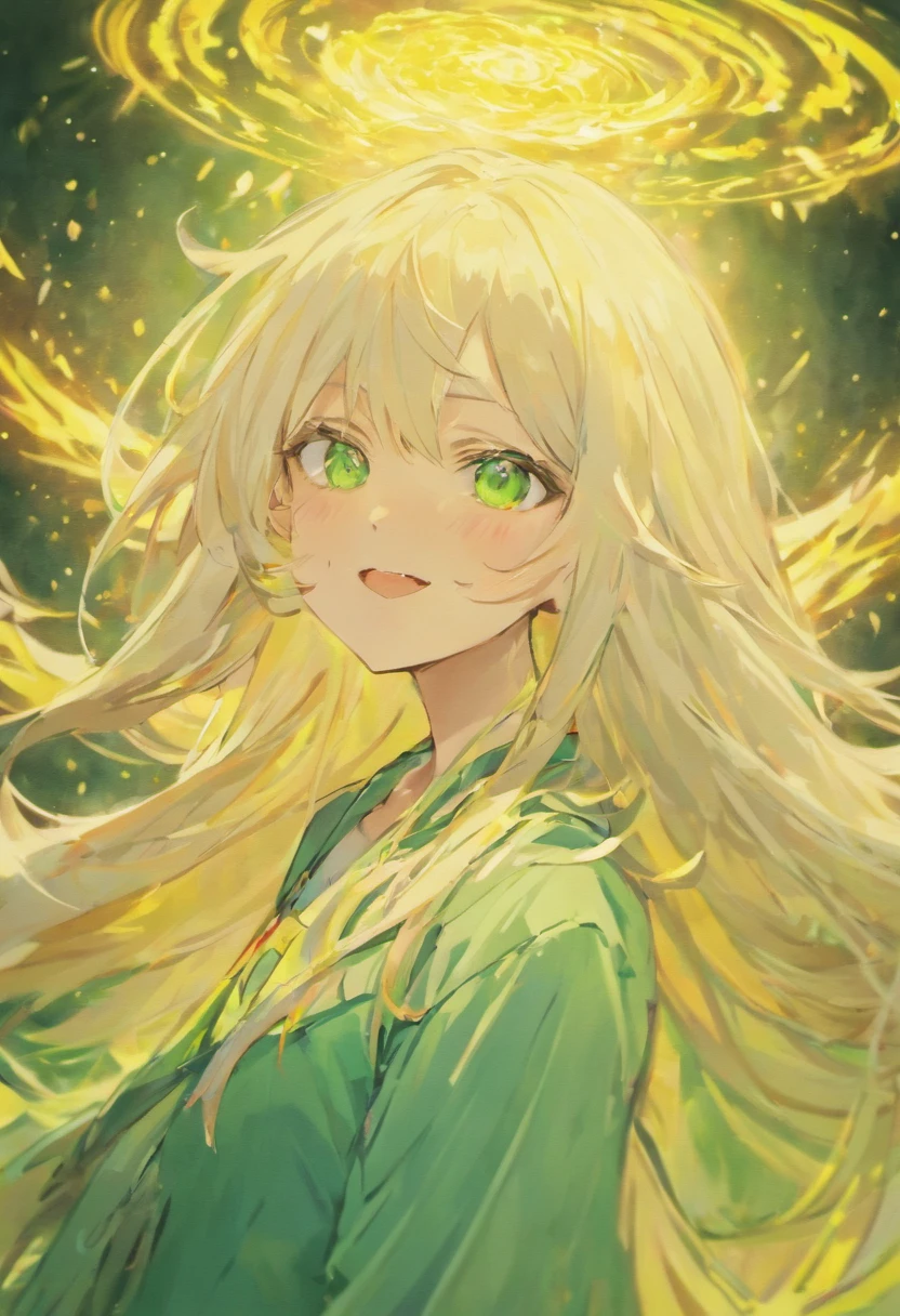 Anime girl, white long hair, hyperactive, smirked smile, green eyes,