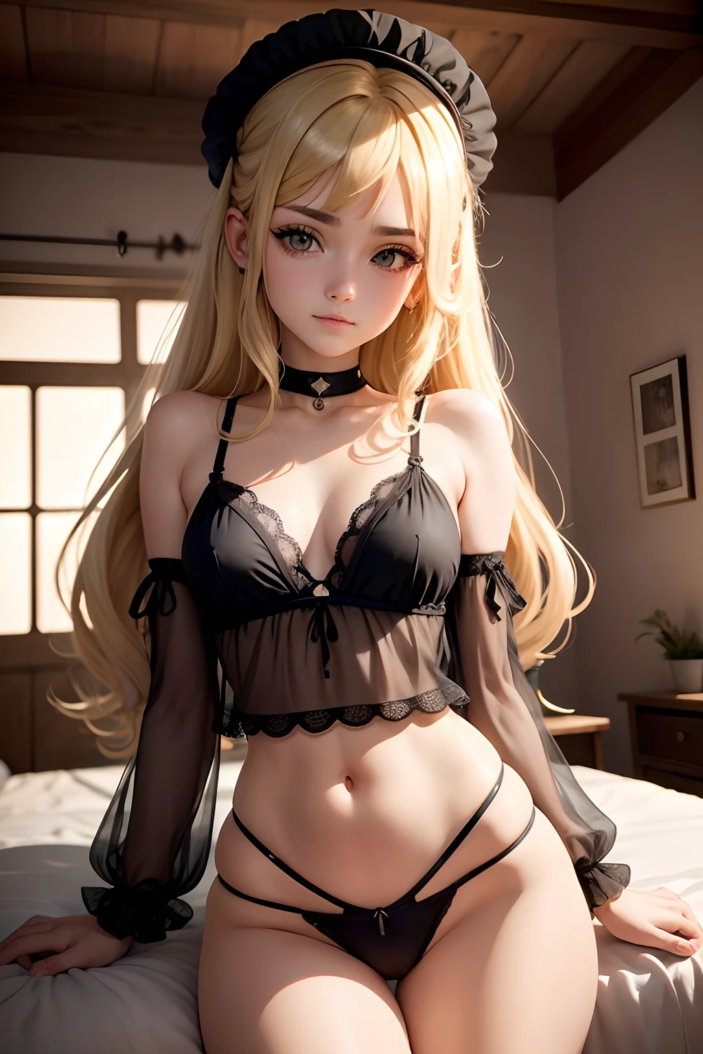 18 year old beautiful girl, ojos grandes, senos grandes, delgada, Small, 8k, calidad superior, (Cabeza muy detallada: 1.0), (cara muy detallada: 1.0), (cabello muy DetallaDo: 1.0), Arte oficial muy detallado, Estilo de arte Anime Moe, Arte de anime limpio y detallado, They are smiling, cabello dorado, cabello largo y liso, pecho desnudo, Black lingerie