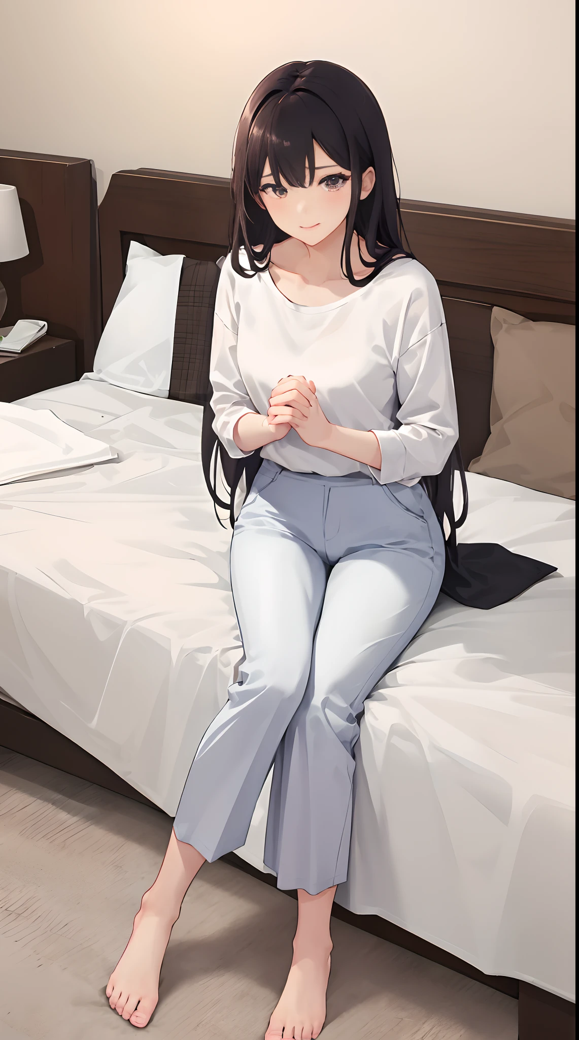 1girll, 独奏, long whitr hair,Wear a white shirt,Wear pink slacks,sit on a bed,The chest is particularly large,Perfect hands,a mature female