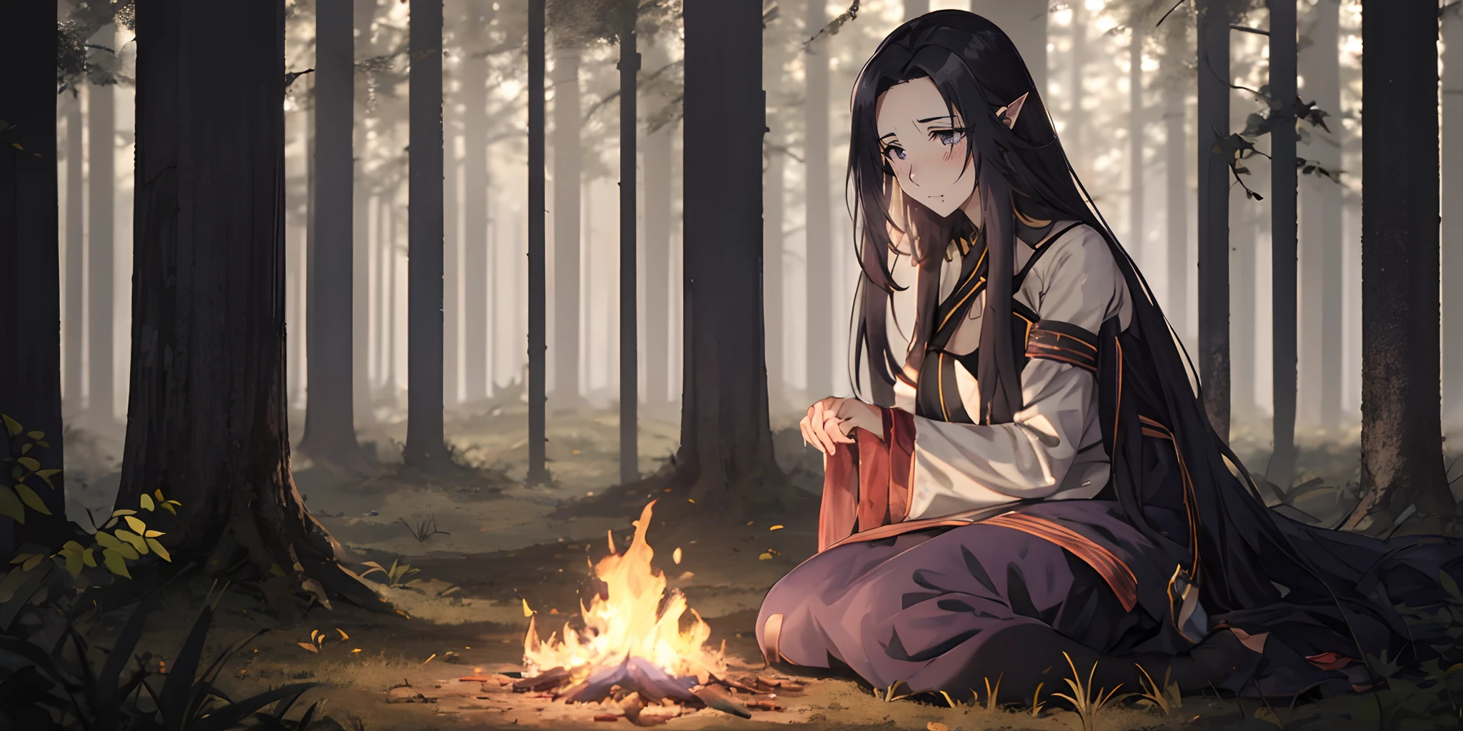 long hair, pointy ears, black hair, purple eyes, jewelry, neckalce, 1girl, solo, nature, wide_sleeves, forest, tree, black_legwear, long_sleeves, sitting, looking_at_viewer, outdoors, autumn_leaves, autumn, jewelry, fire, insect, bug, dress, butterfly, blush