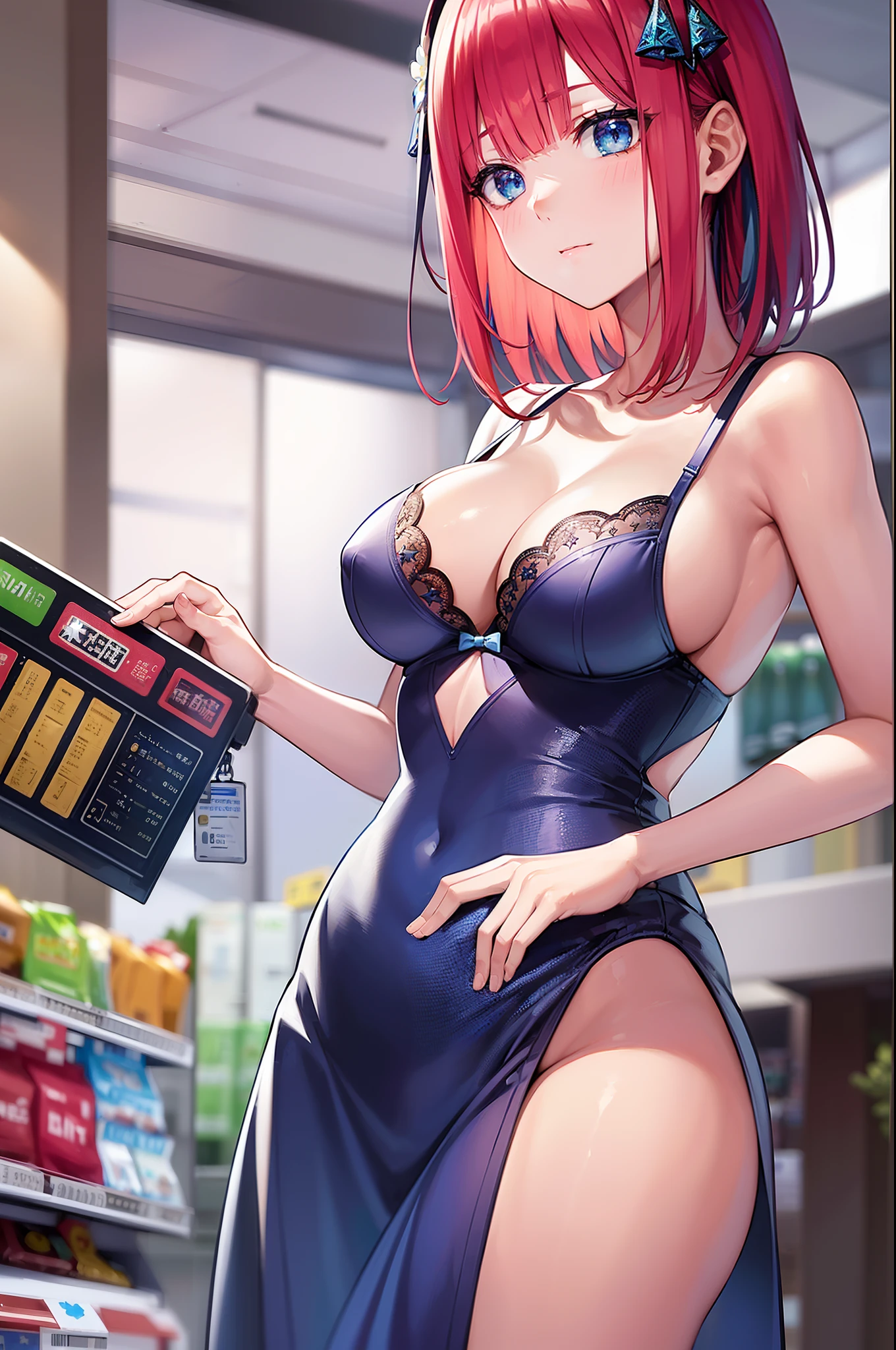 (((Convenience store clerk))), ((Magnificent)), ((Slender figure)), ((Blue underwear)), Star hair ornament, Red hair, long, The highest image quality, hightquality, high detailing, 超A high resolution, 8K, depth of fields, Cinematography, intricate detailes, Elaborate, meticulous, Magnificent, Maximum Detail, Extreme beauty