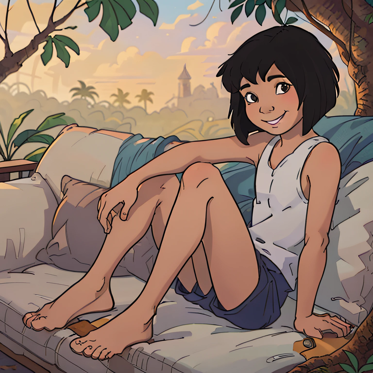 ((masterpiece, best quality)),solo, 1boy, portrait , smile , short hair, black hair, Mowgli, full body, sitting on tree
