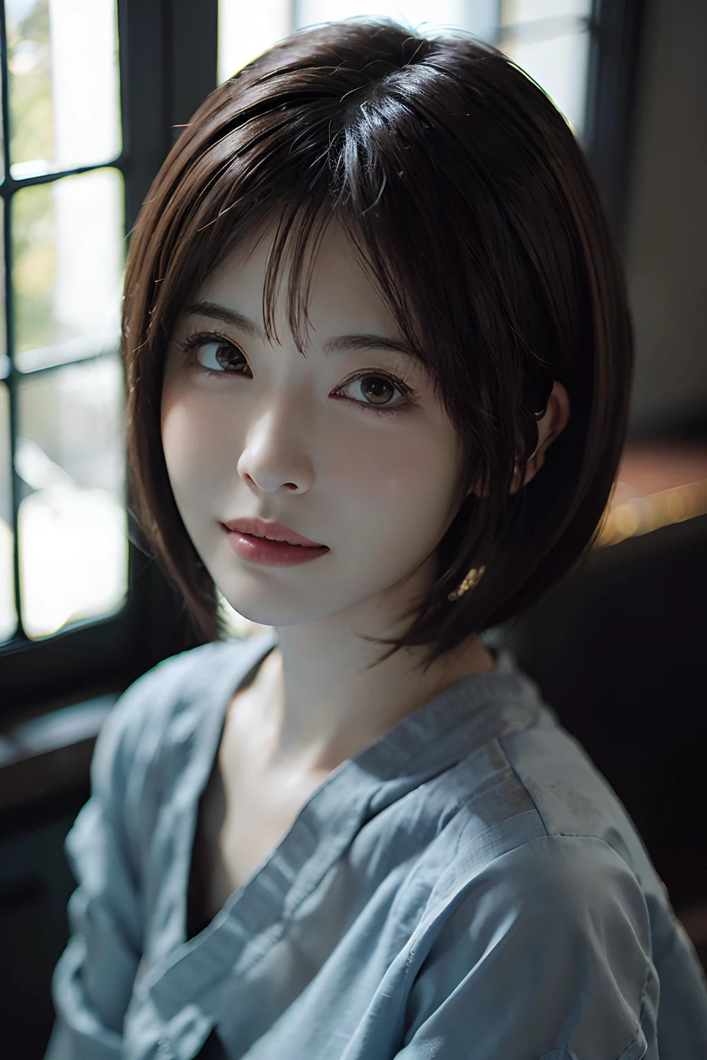 (masuter piece:1.3)、(8K、Photorealsitic、Raw photography、top-quality: 1.4)、(1girl in)、beautiful countenance、(Lifelike face)、(lightbrown hair、a short bob:1.3)、(Beautiful hairstyle:1.4)、Beautiful details、（real looking skin）、Beautiful skins、absurderes、enticing、超A high resolution、A hyper-realistic、high-detail、the golden ratio、、bilaterally symmetrical