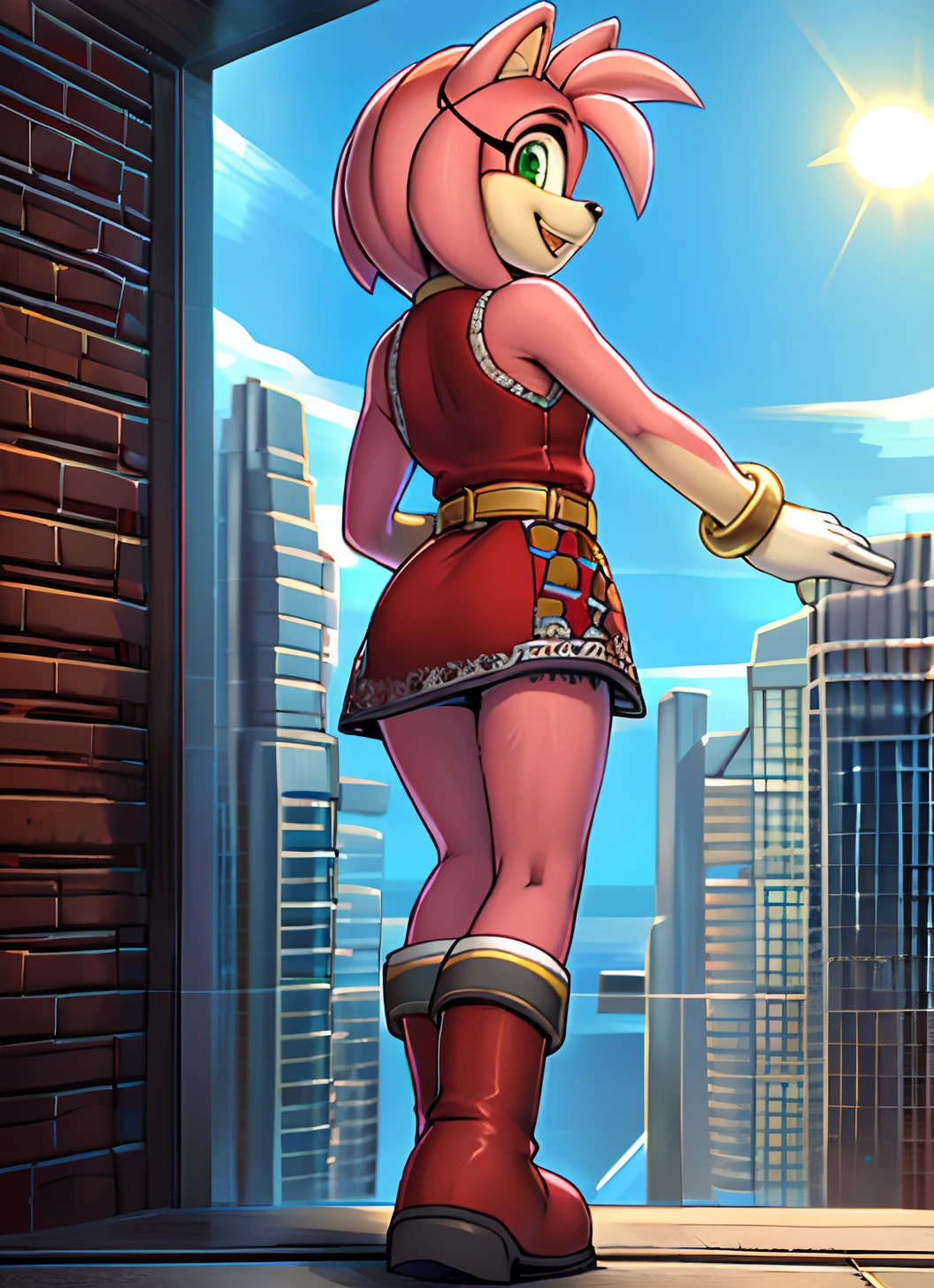 [Amy Rose], [sonic the hedgehog \(series\)], [Uploaded to e621.net; (Pixelsketcher), (twistedterra), (napalm_express)], ((masterpiece)), ((solo portrait)), ((back view)), ((full body)), ((detailed fur)), ((detailed shading)), ((beautiful render art)), ((intricate details)), {anthro, (pink fur), black nose, animal ears, cute green eyes, short hair, headband, short tail, (beautiful legs), (excited smile), (mouth open)}, {(short red half-back dress white lining), (black waist belt), (silver belt-buckle), (red knee-high boots), (white stripes on boots)}, {(standing), (arms behind back), (pigeon-toed), (looking back)}, [background; (city), (blue sky), (sun rays)]