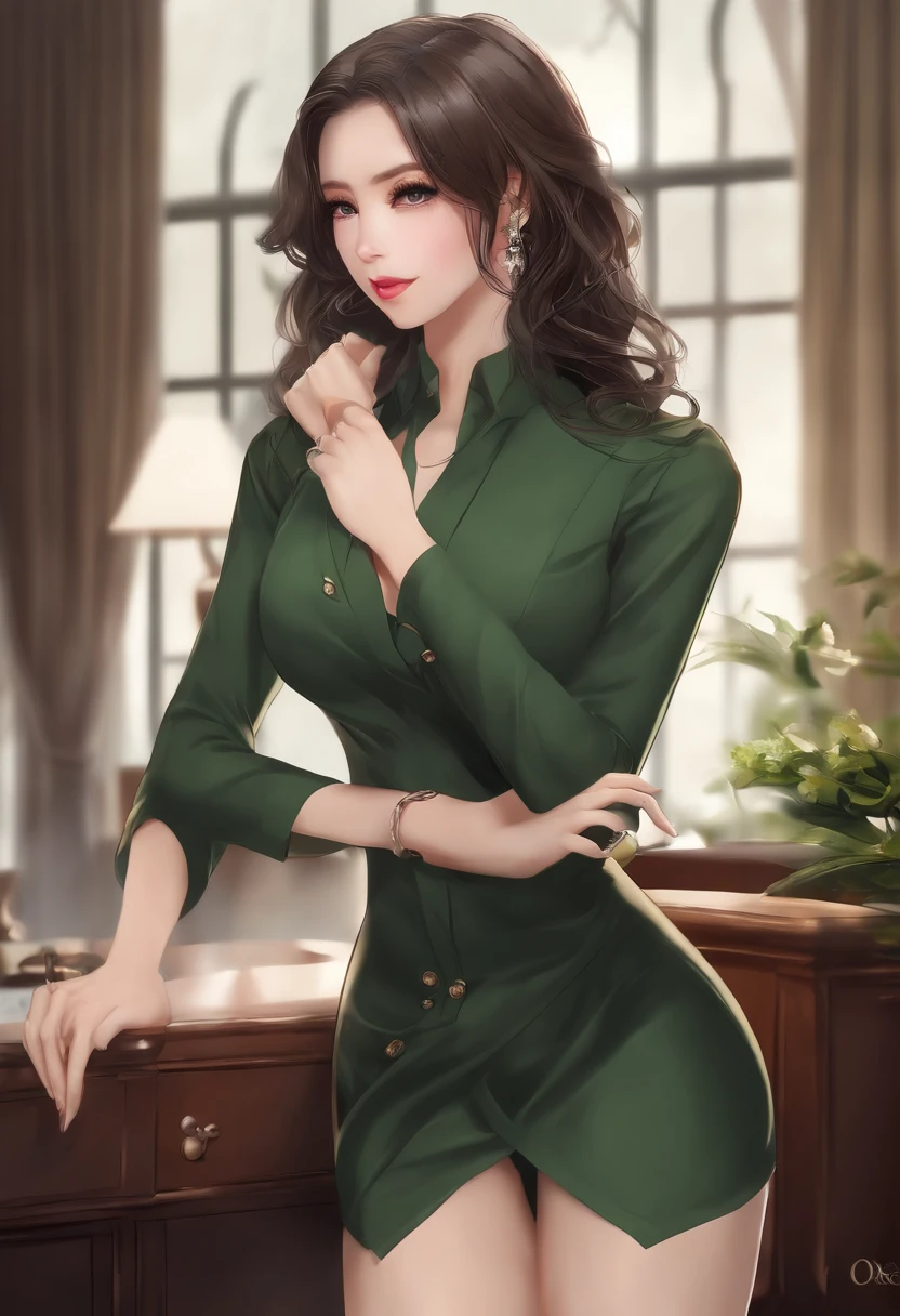(((Mastepiece, of the highest quality, super detalhado))), anime, desenho japones, SEXY SECRETARY, MULHER SEXY, Curvilinear, seios fartos, decote,cabelo longo, cabelo liso, Cabelo laranja, cabelo preso, olhos verdes, belos olhos, long eyeslashes, executivo, Mini saia preta, bandage pantyhose, Pose sexy, camisa social, camisa verde aberta, gravata, brassier, secritorio, Ultra realista, highes definition