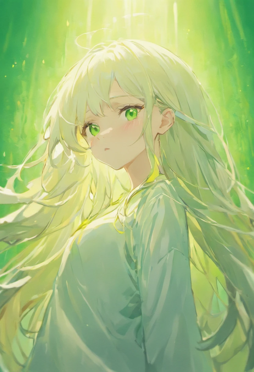 Anime girl, white long hair, green eyes, white t-shirt