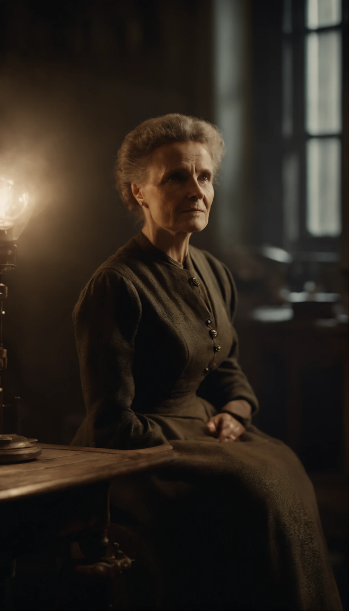 (((Foto HD en primer plano))),Marie Curie's face in front of the camera at her work
