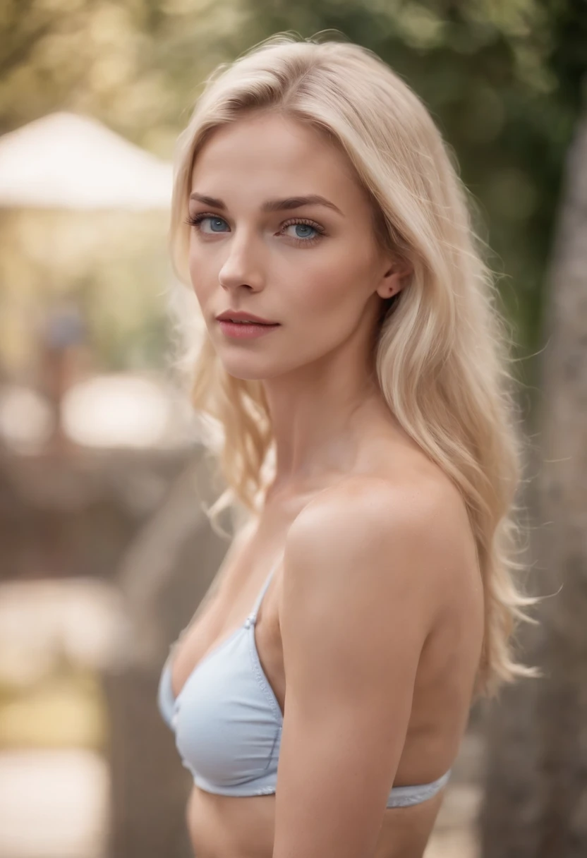 Blonde woman, Fitness lady about 23 years old, Skinny denim shorts and a small white bikini top, Blue eyes, Photorealistic