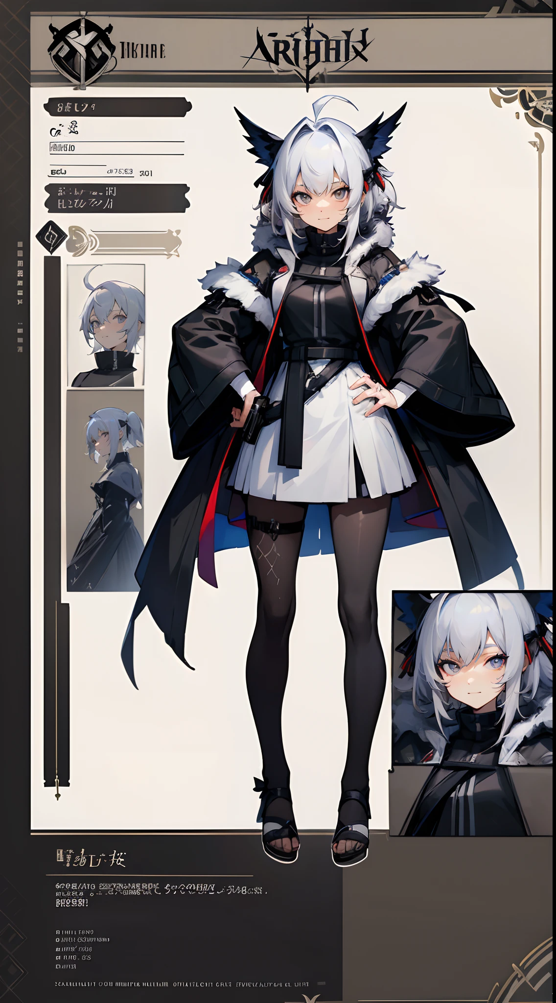 ((Masterpiece, highest quality)), detailed face, character sheet, Full body, full of details, multiple poses and expressions, highly detailed, depth, many parts, 1girl,Smirk,Head wings,white_hair,Colored inner hair,Medium hair,Messy hair,Ahoge,Hair bow,hand on hip,looking at viewer,turtleneck,fur-trimmed coat,hood,fur-trimmed sleeves,grey eyes,slit pupils,pantyhose,ribbon-trimmed legwear,toeless legwear,cross-laced sandals,capri pants,overcoat,detailed and intricate,style of arknights,absurdres