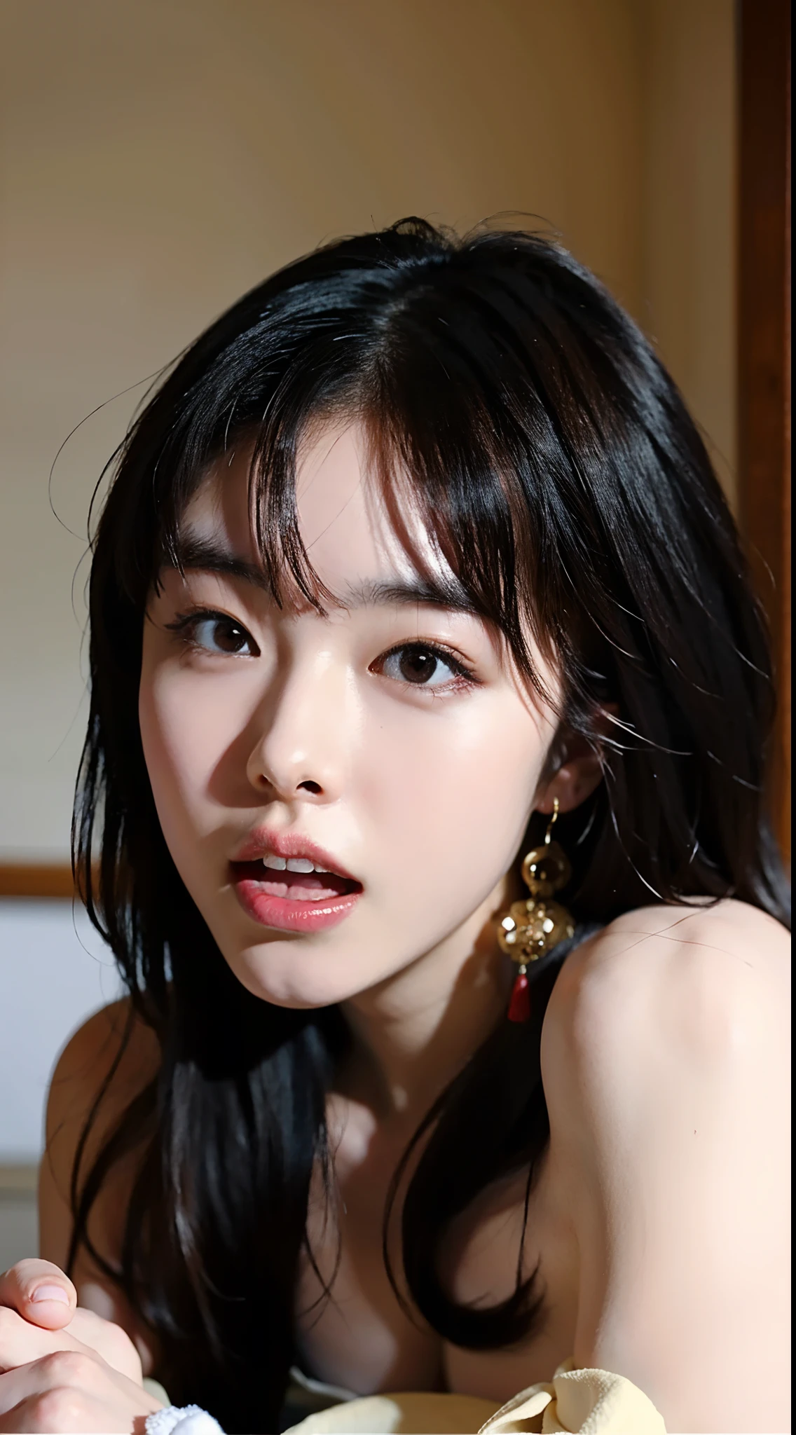 Best Quality, a stunning photo with beautiful saturation, A cute Japanese woman,Straight, A dark-haired,A heavy eyelid,cuminmouth, , cum in mouth, NSFW, (Open mouth), Bukkake, facials, Close eyes,33 yo,((