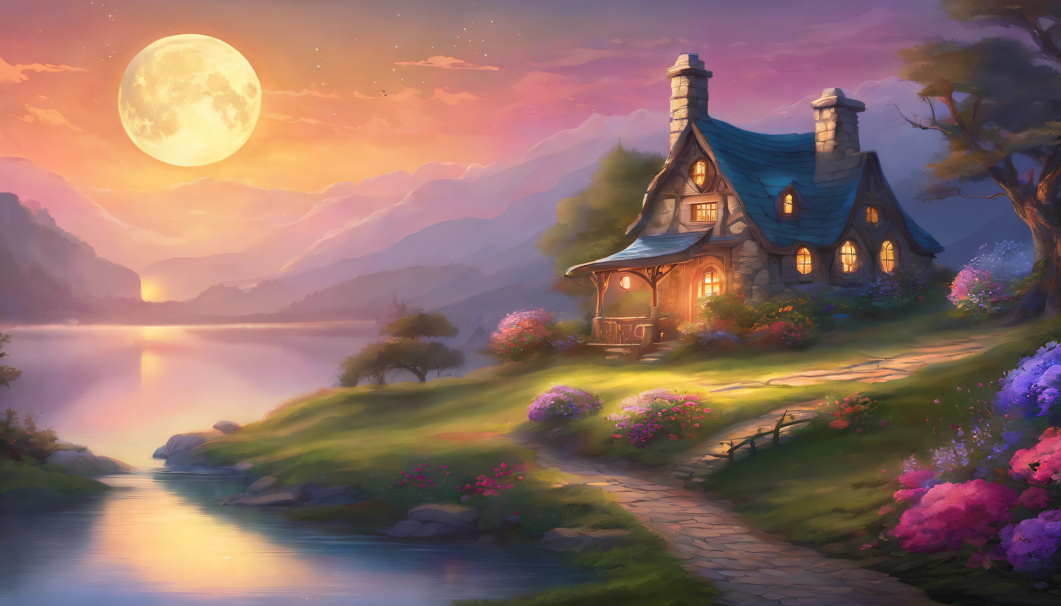 painting of a cottage, flowers beside of fence, fence along the road, mountain landscape with a lake and a boat, ((full moon)) , stary night scene, illustration matte painting, inspired by Thomas Kinkade, symmetric matte painting, detailed scenery , style raw, 8 k ultra detailed