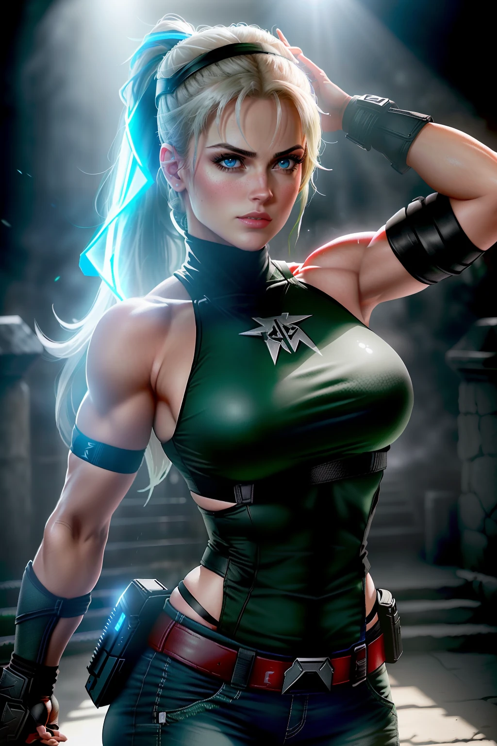 ((Sonya Blade de la serie mortal kombat))(Ella tiene grandes ojos azules brillantes)(labios rojos) (beautiful face)(pelo rubio muy largo y recto alto cola de caballo)((pechos muy grandes)) (Cuerpo delgado perfecto) (Ella usa camiseta sin mangas, Guantes negros, pantalones de camuflaje verde) (Dentro del templo oscuro) (a high definition, Dynamic volumetric lights and shadows)((Obra maestra))(8k)(Cara perfecta)(Ultra detalles) (Manos perfectas, ojos, y cara)