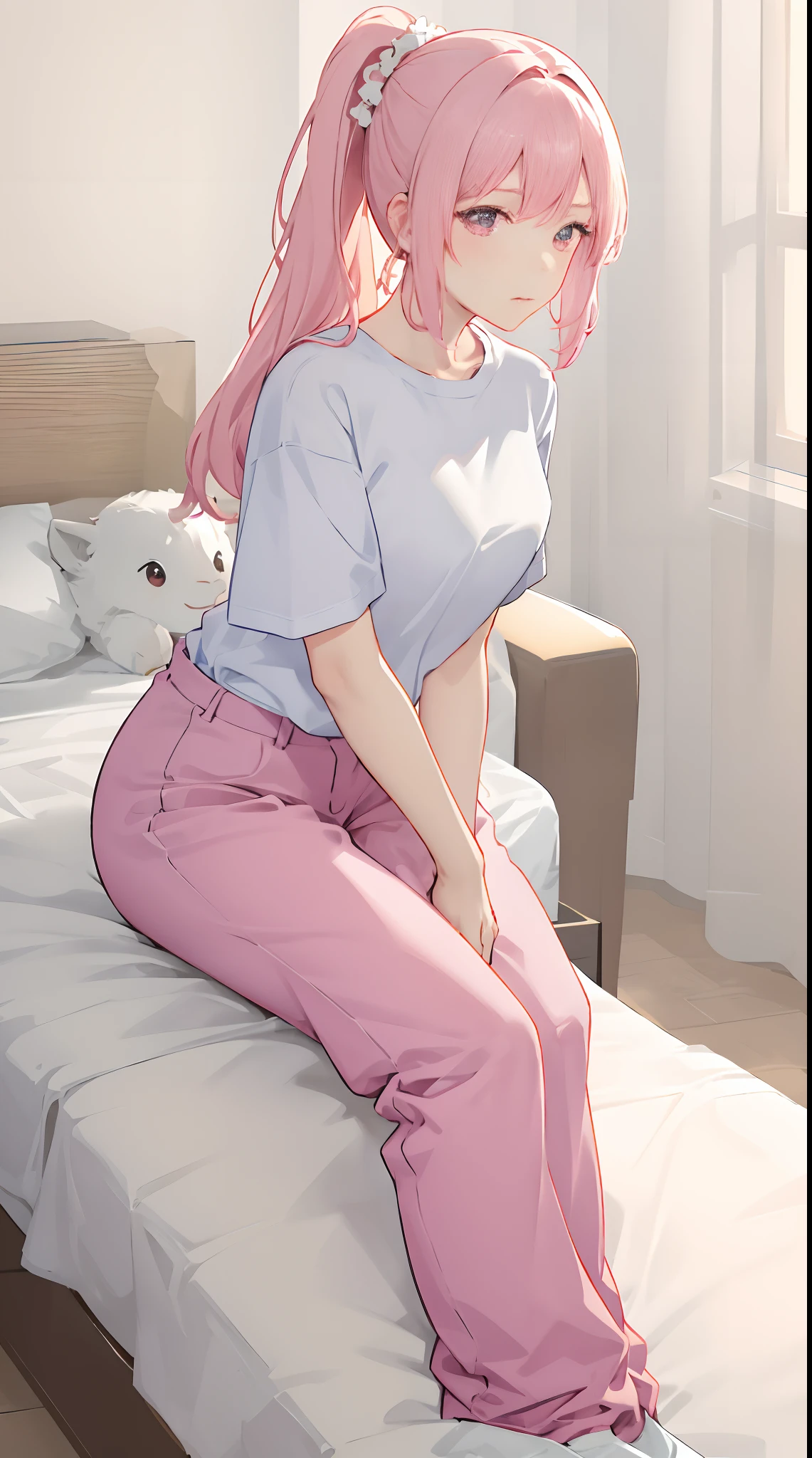 1girll, 独奏, Wear light-colored short sleeves,Wear pink slacks,sit on a bed,The chest is particularly large,Perfect hands,pony tails
